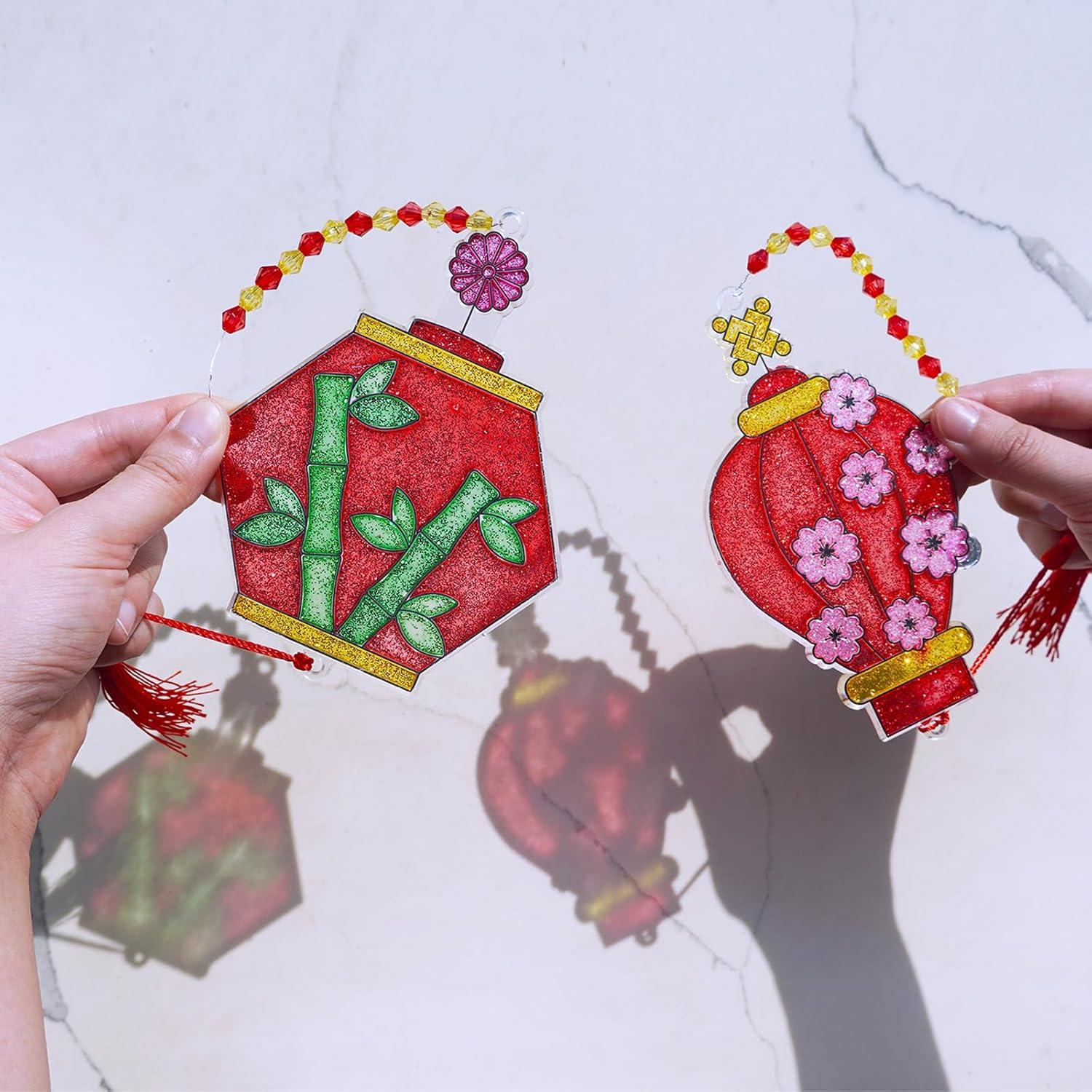 imageWinlyn 24 Sets Chinese New Year Lantern Suncatcher Ornaments Decorations DIY Window Paint Art Craft Kits Red Lantern Painting Kits for Kids Classroom Activities Lunar New Year Art Project Party Favors