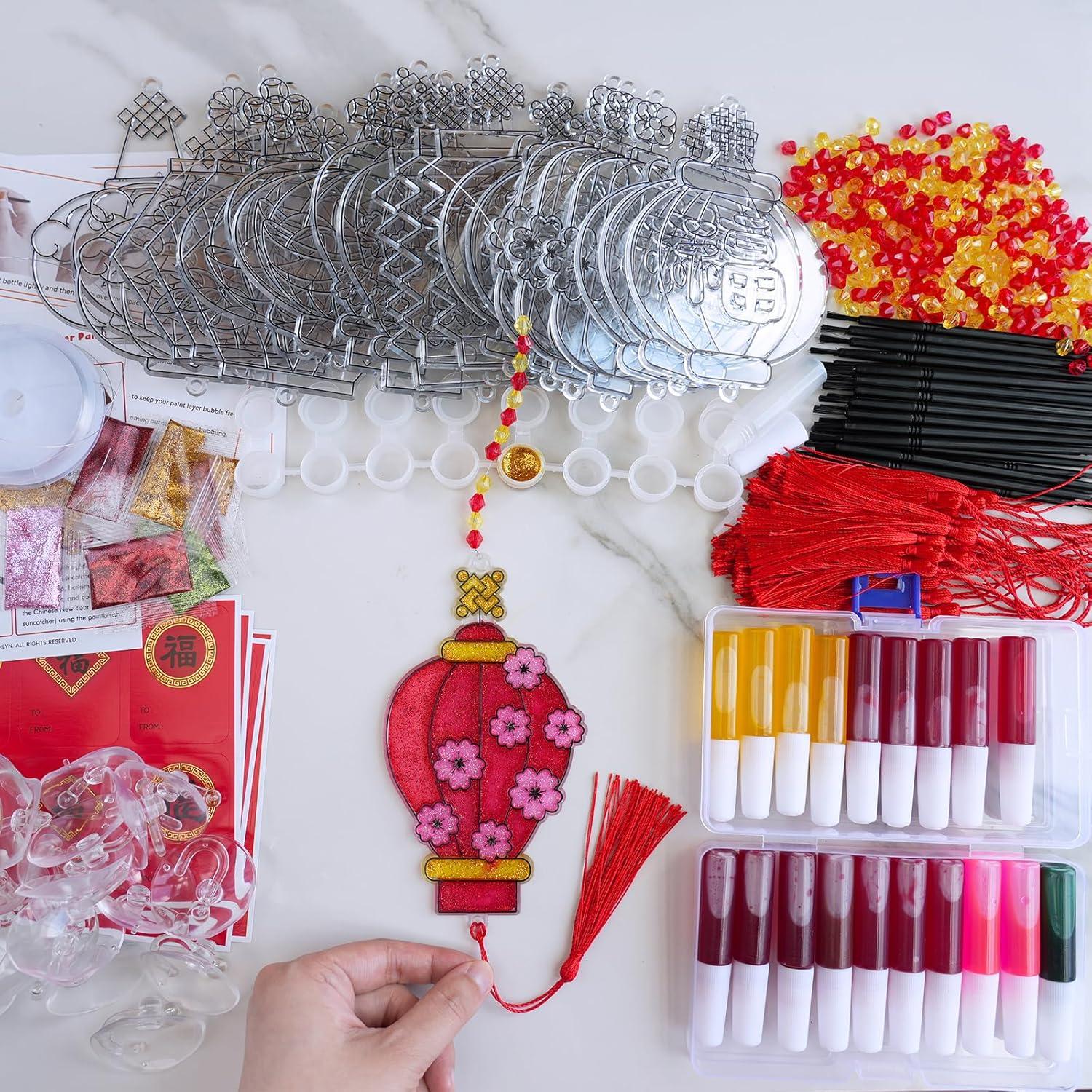 imageWinlyn 24 Sets Chinese New Year Lantern Suncatcher Ornaments Decorations DIY Window Paint Art Craft Kits Red Lantern Painting Kits for Kids Classroom Activities Lunar New Year Art Project Party Favors