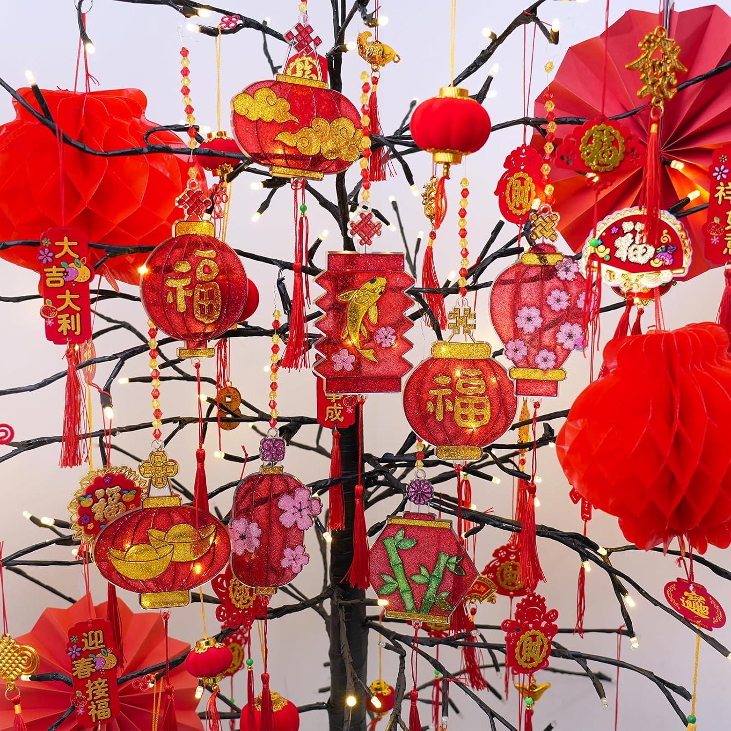 imageWinlyn 24 Sets Chinese New Year Lantern Suncatcher Ornaments Decorations DIY Window Paint Art Craft Kits Red Lantern Painting Kits for Kids Classroom Activities Lunar New Year Art Project Party Favors