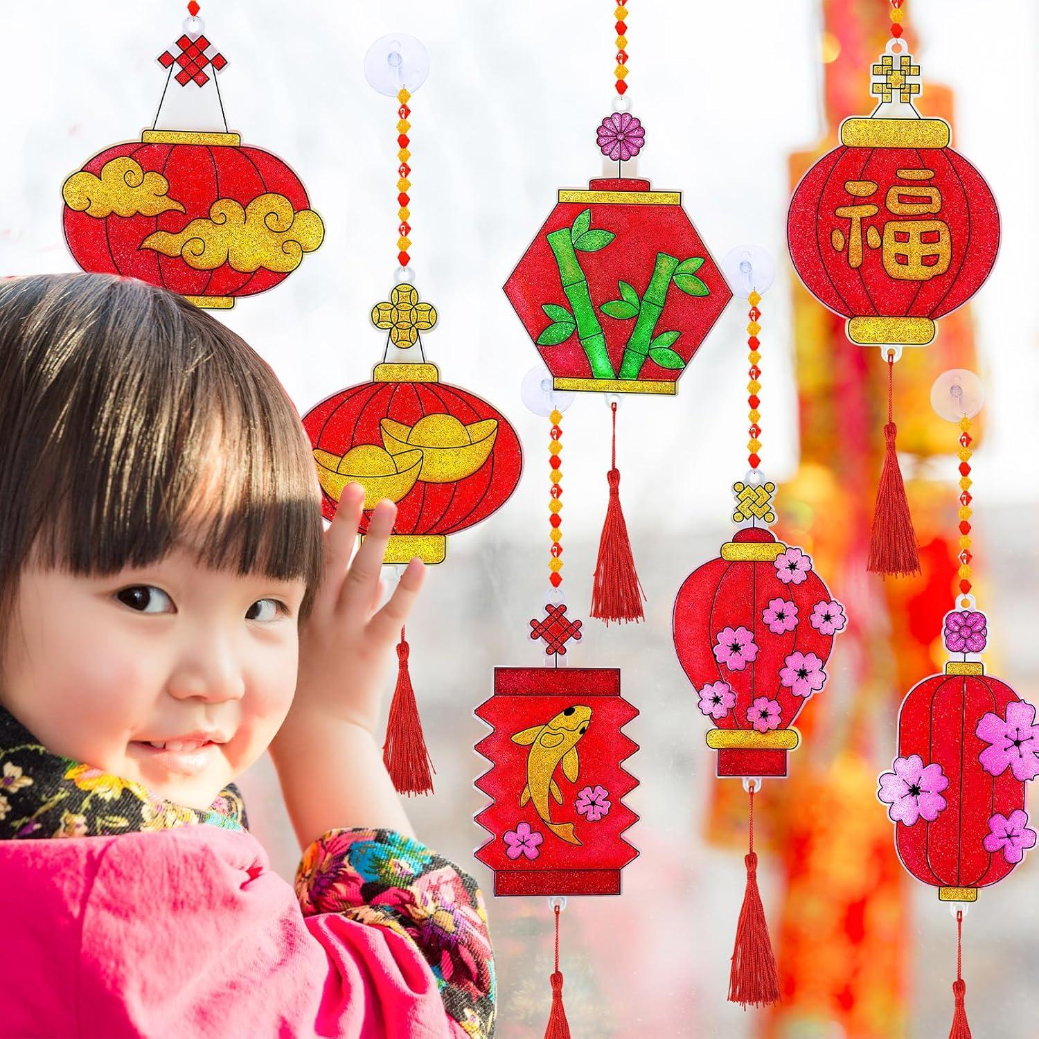 imageWinlyn 24 Sets Chinese New Year Lantern Suncatcher Ornaments Decorations DIY Window Paint Art Craft Kits Red Lantern Painting Kits for Kids Classroom Activities Lunar New Year Art Project Party Favors