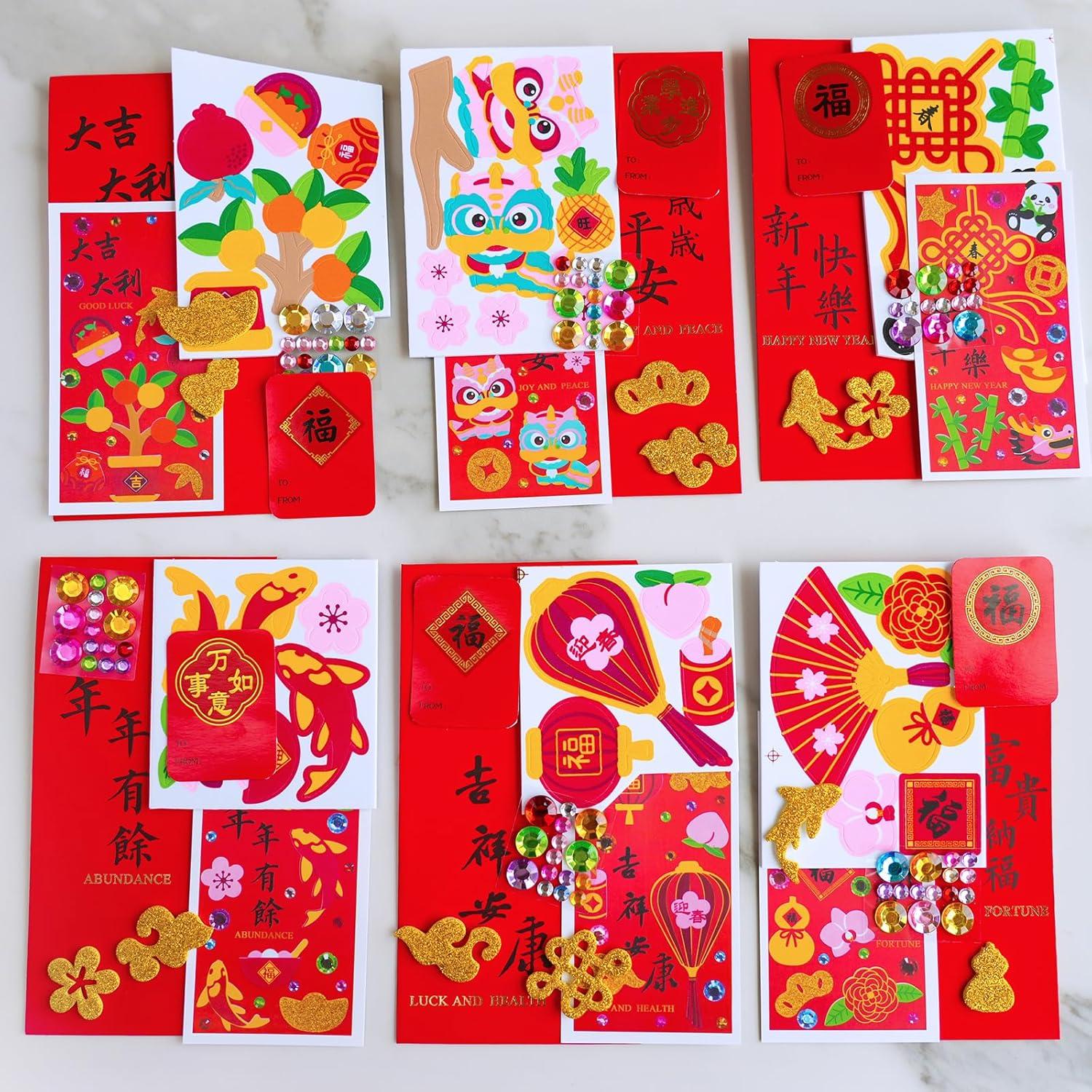 imageWinlyn 24 Sets Chinese New Year Red Envelopes Craft Kits DIY Lucky Hong Bao Cash Envelopes Crafts Lunar New Year Foam Stickers for Kids Asian 2026 Year of The Horse Classroom Activities Party Favors