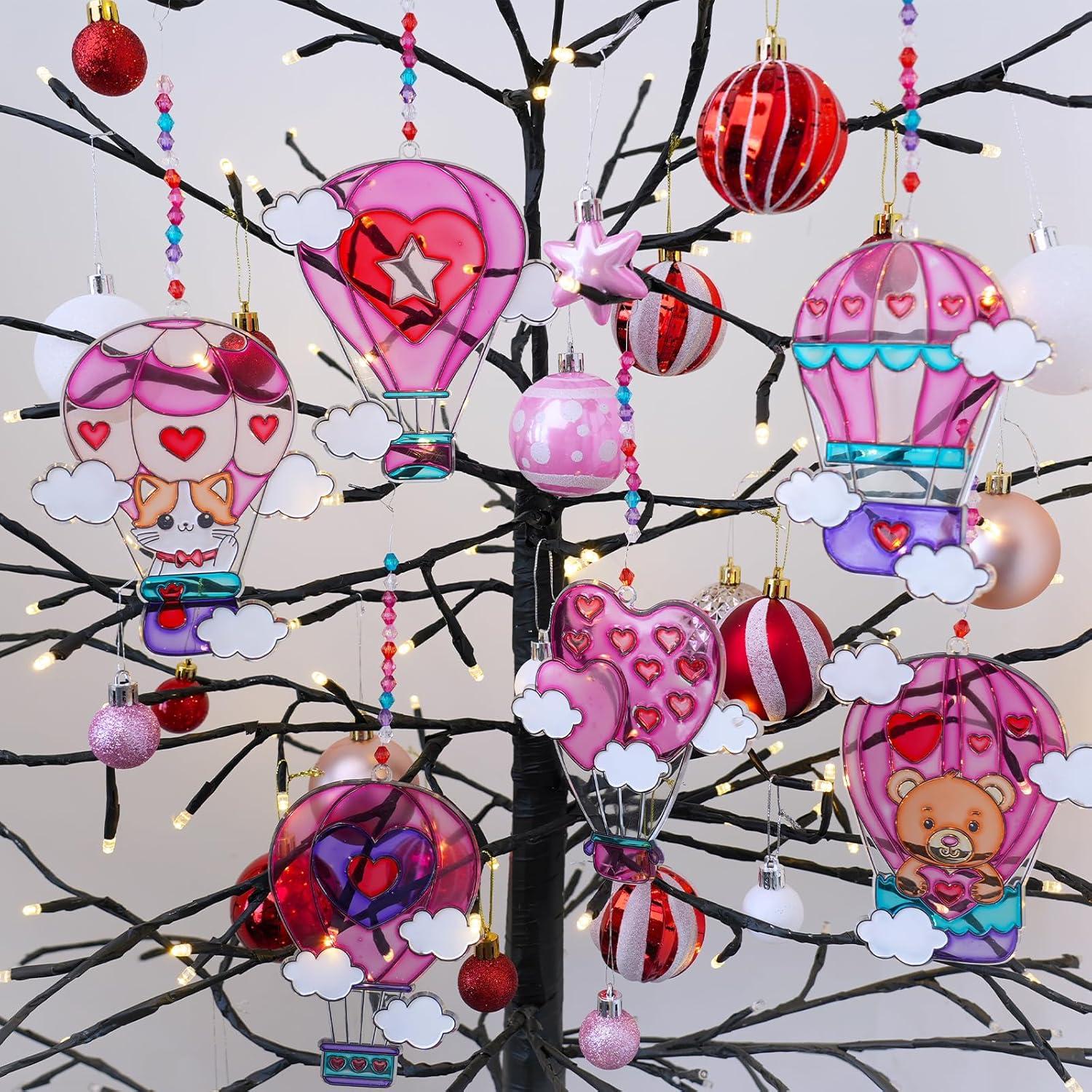 imageWinlyn 24 Sets Heart Hot Air Balloon Suncatchers Ornaments Decorations DIY Window Paint Art Craft Kits Sun Catcher Painting Kit for Kids Valentines Day Classroom Activities Party Favors Gift Exchange