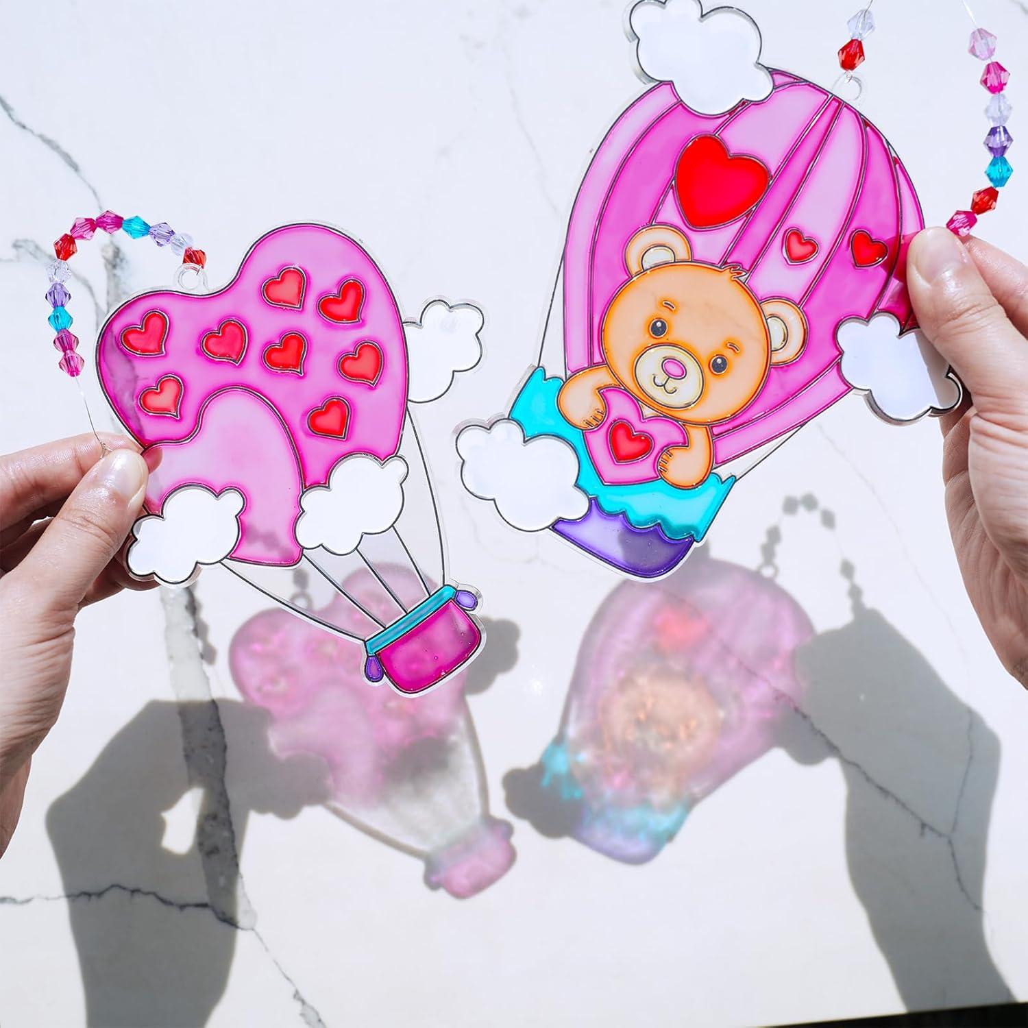 imageWinlyn 24 Sets Heart Hot Air Balloon Suncatchers Ornaments Decorations DIY Window Paint Art Craft Kits Sun Catcher Painting Kit for Kids Valentines Day Classroom Activities Party Favors Gift Exchange