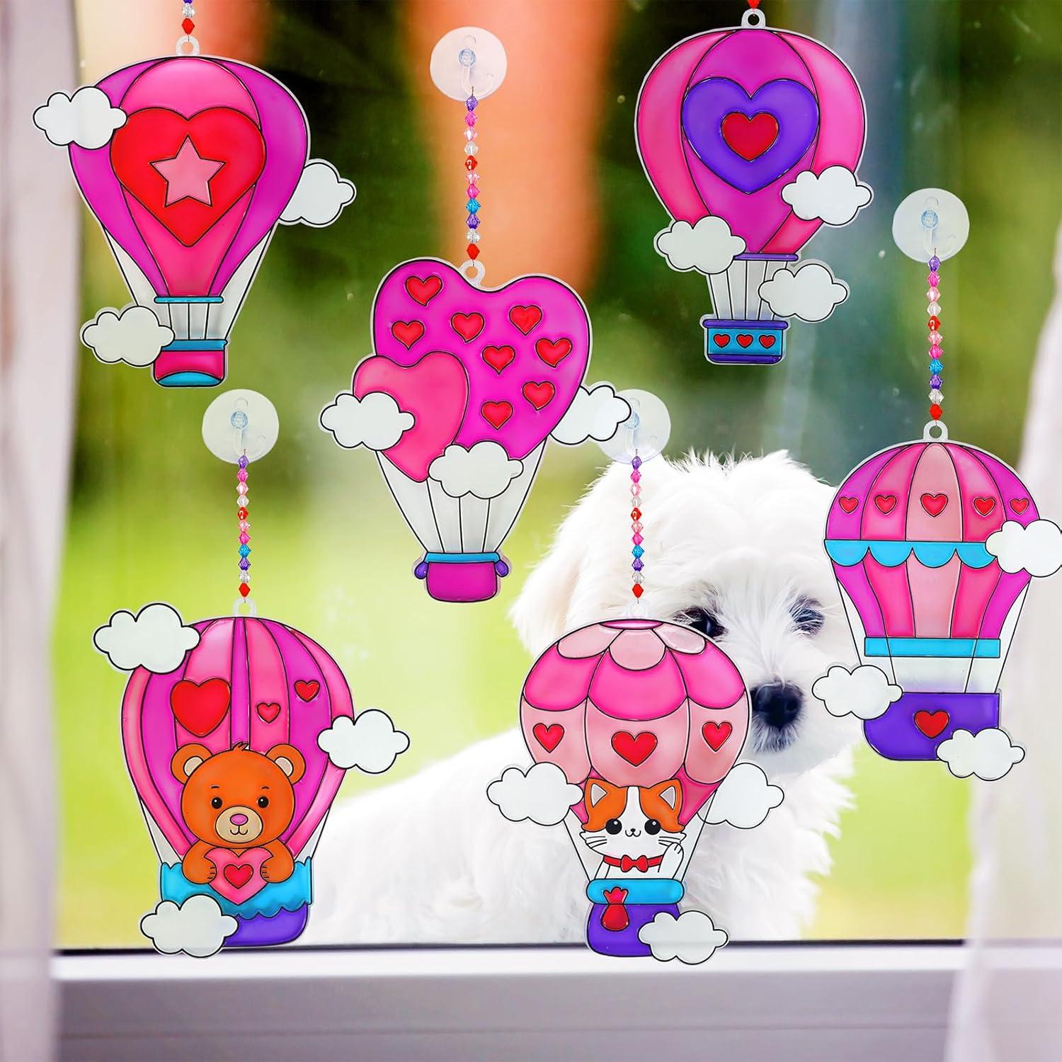 imageWinlyn 24 Sets Heart Hot Air Balloon Suncatchers Ornaments Decorations DIY Window Paint Art Craft Kits Sun Catcher Painting Kit for Kids Valentines Day Classroom Activities Party Favors Gift Exchange