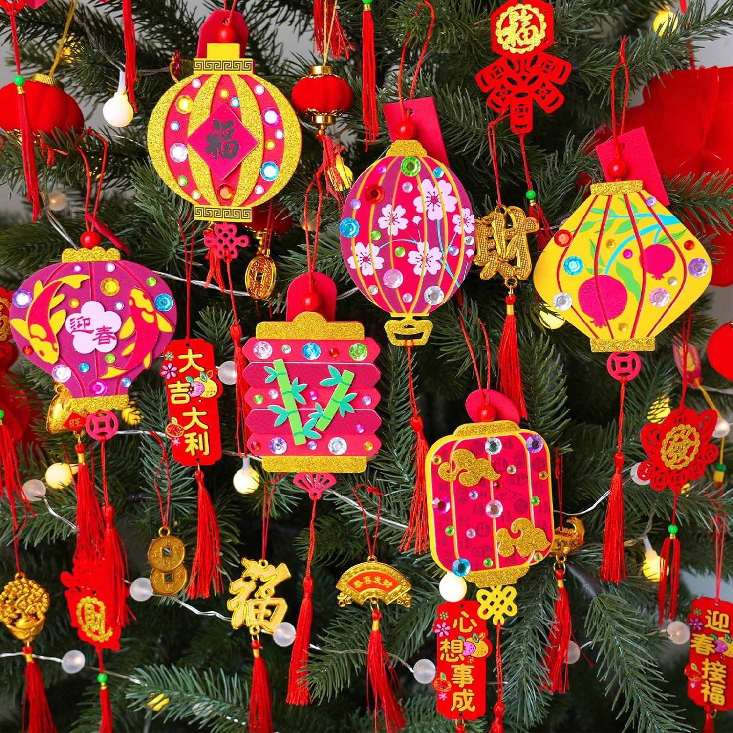 imageWinlyn 24 Sets Lunar New Year Decorations DIY Chinese Lantern Ornaments Craft Kits Blank Foam Lantern with Good Luck Stickers for Kids Asian Oriental Classroom Activities Party Favors Gift Exchange