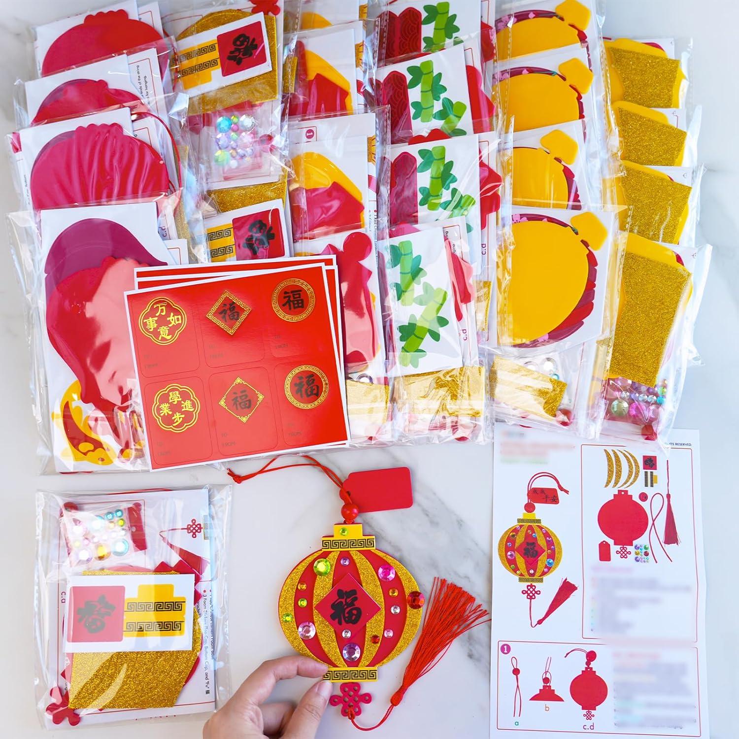 imageWinlyn 24 Sets Lunar New Year Decorations DIY Chinese Lantern Ornaments Craft Kits Blank Foam Lantern with Good Luck Stickers for Kids Asian Oriental Classroom Activities Party Favors Gift Exchange