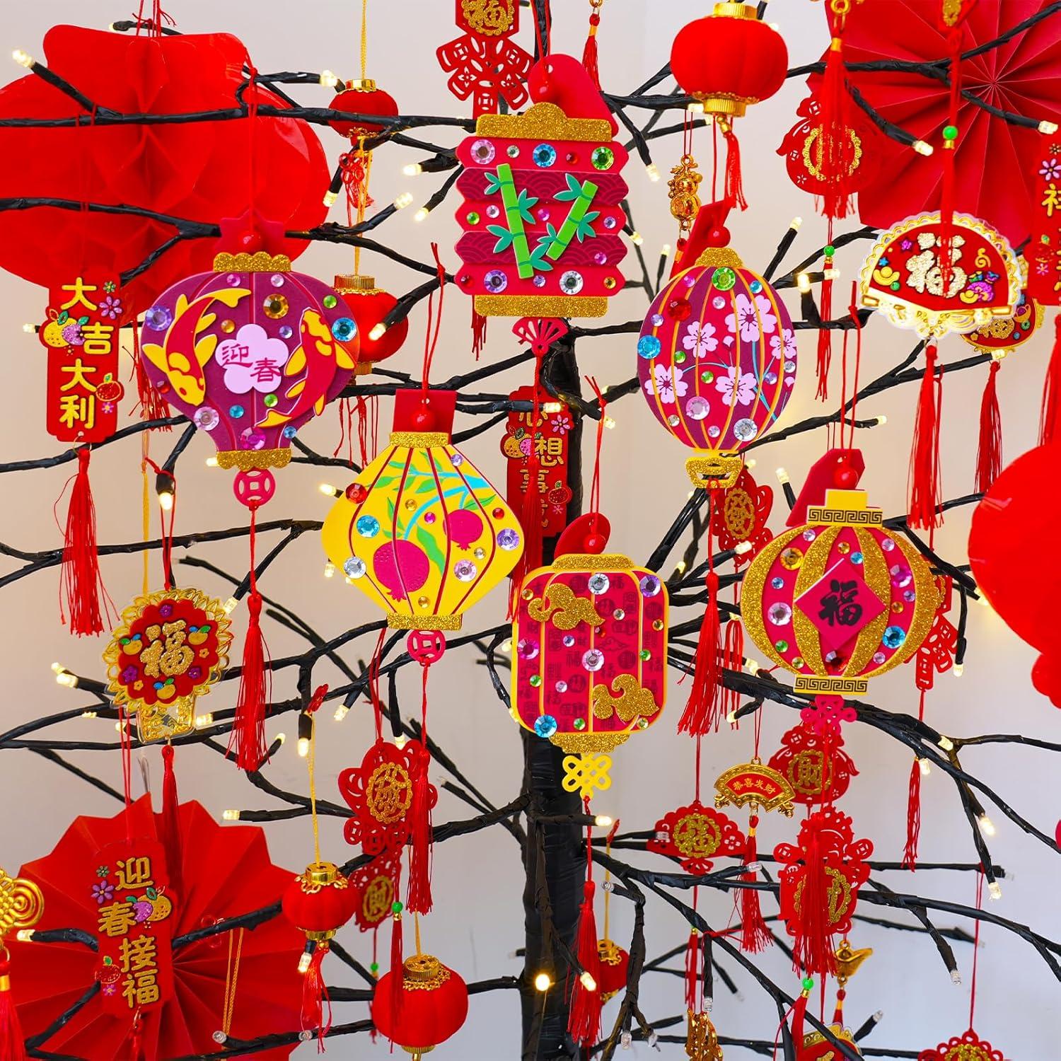 imageWinlyn 24 Sets Lunar New Year Decorations DIY Chinese Lantern Ornaments Craft Kits Blank Foam Lantern with Good Luck Stickers for Kids Asian Oriental Classroom Activities Party Favors Gift Exchange