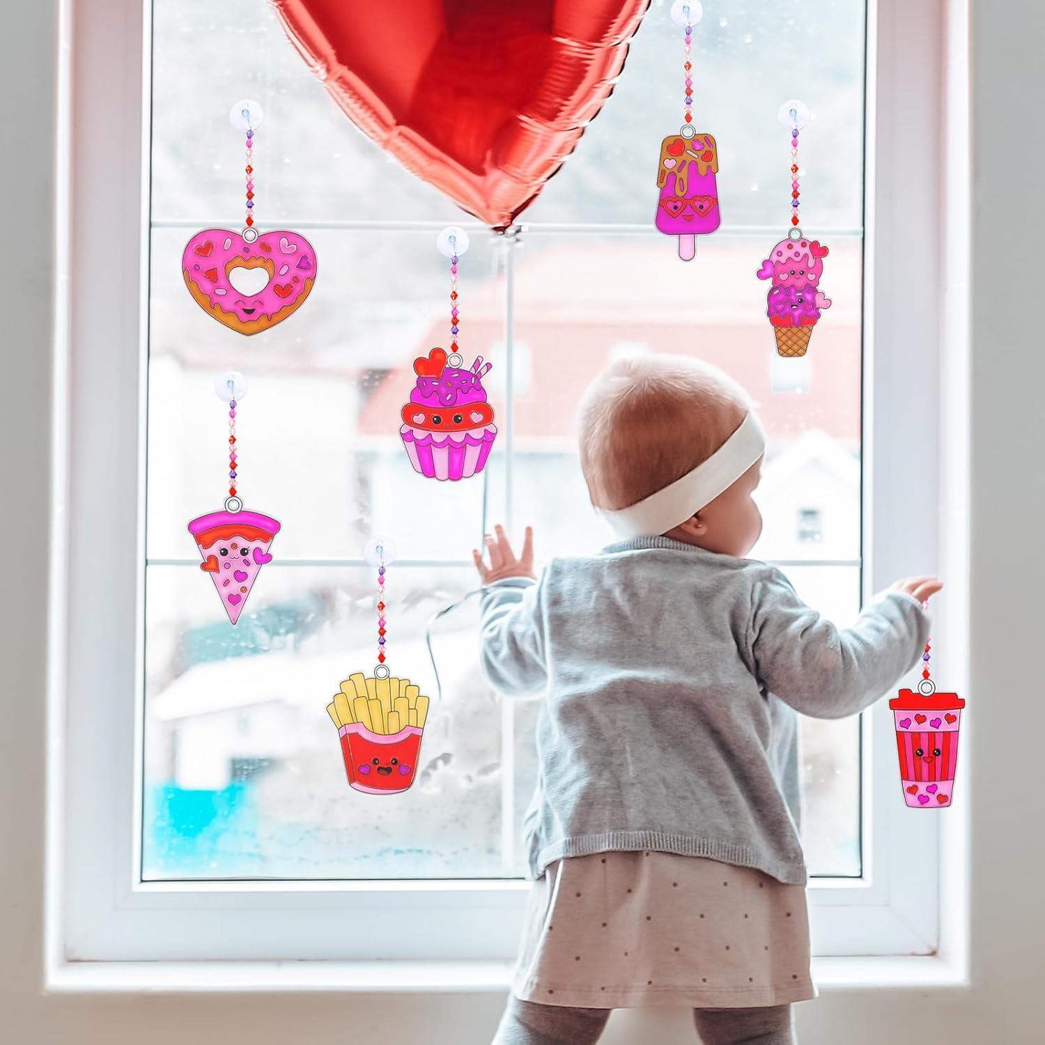 imageWinlyn 24 Sets Valentine Suncatchers Ornaments Decorations DIY Window Paint Art Stickers Craft Kit Valentines Day Heart Treats Sun Catchers for Kids Classroom Activities Party Favors Gift Exchange