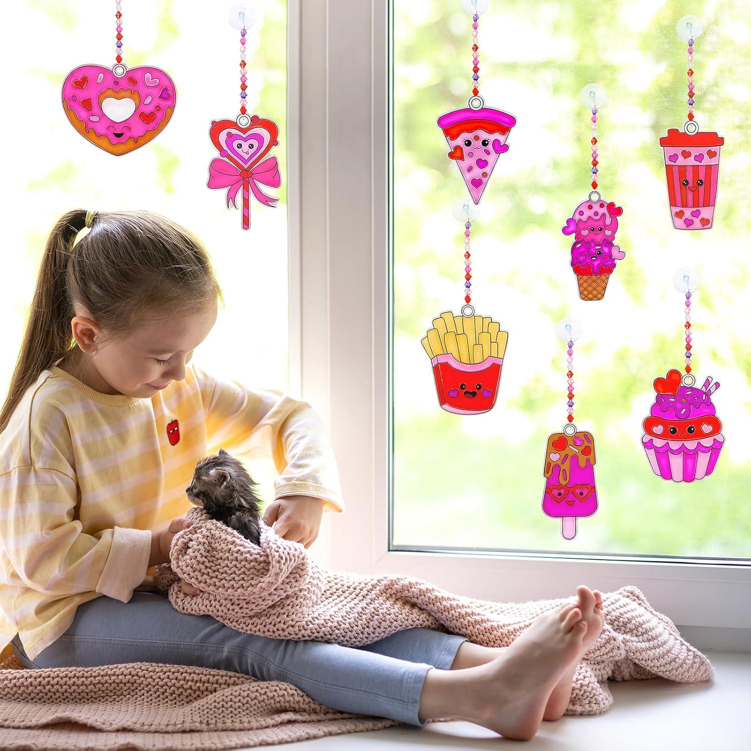 imageWinlyn 24 Sets Valentine Suncatchers Ornaments Decorations DIY Window Paint Art Stickers Craft Kit Valentines Day Heart Treats Sun Catchers for Kids Classroom Activities Party Favors Gift Exchange