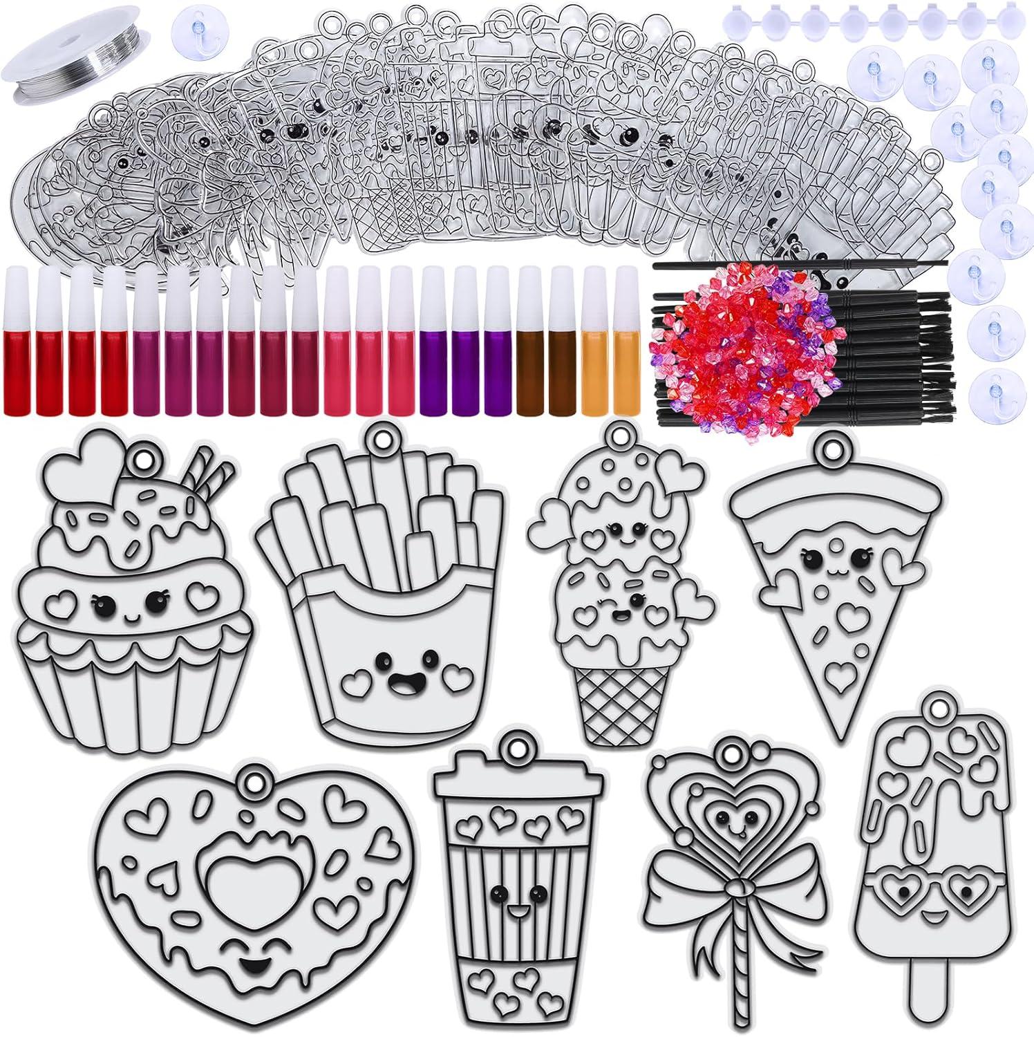 imageWinlyn 24 Sets Valentine Suncatchers Ornaments Decorations DIY Window Paint Art Stickers Craft Kit Valentines Day Heart Treats Sun Catchers for Kids Classroom Activities Party Favors Gift Exchange
