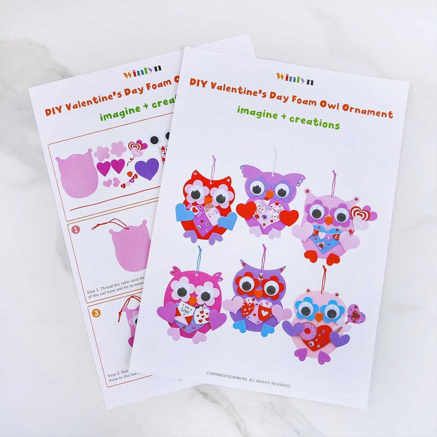 imageWinlyn 24 Sets Valentines Day Craft Kits Heart Crafts DIY Owl Ornaments Decorations Art Sets Foam Owl Heart Stickers for Kids Party Classroom Activities Gift Exchange