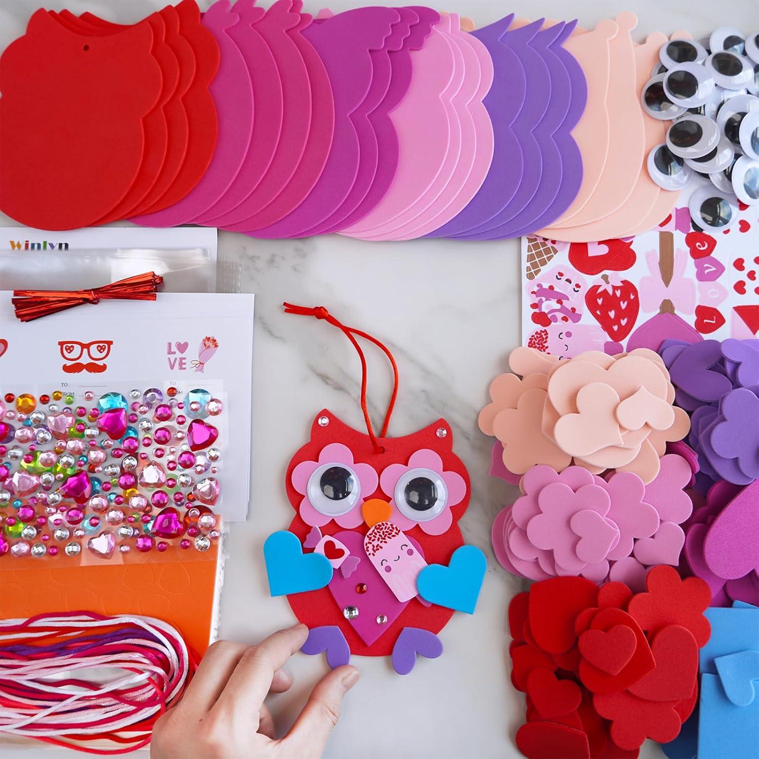 imageWinlyn 24 Sets Valentines Day Craft Kits Heart Crafts DIY Owl Ornaments Decorations Art Sets Foam Owl Heart Stickers for Kids Party Classroom Activities Gift Exchange