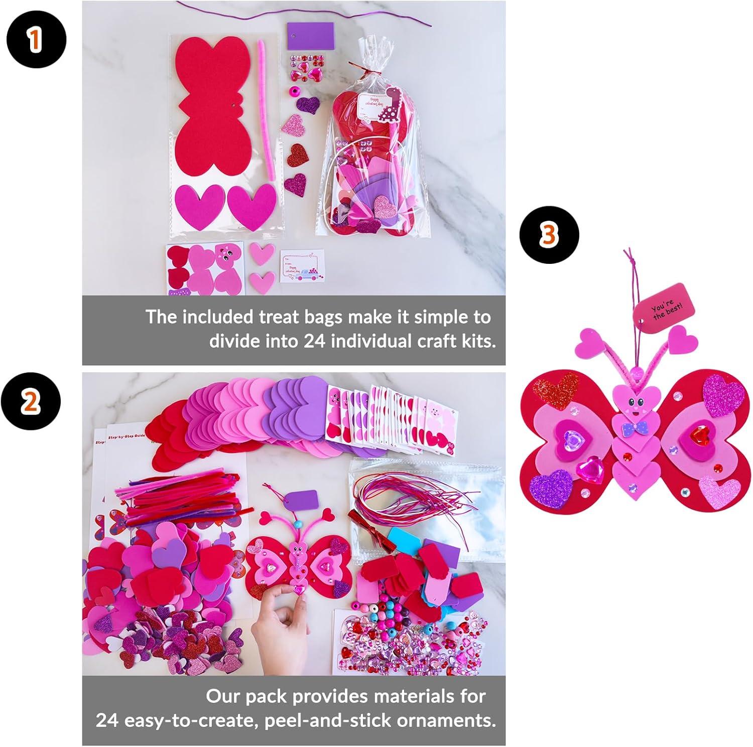 imageWinlyn 24 Sets Valentines Day Decorations DIY Heart Butterfly Ornaments Valentine Craft Kits Blank Foam Butterfly with Hearts Foam Stickers for Kids Classroom Activities Party Favors Gift Exchange