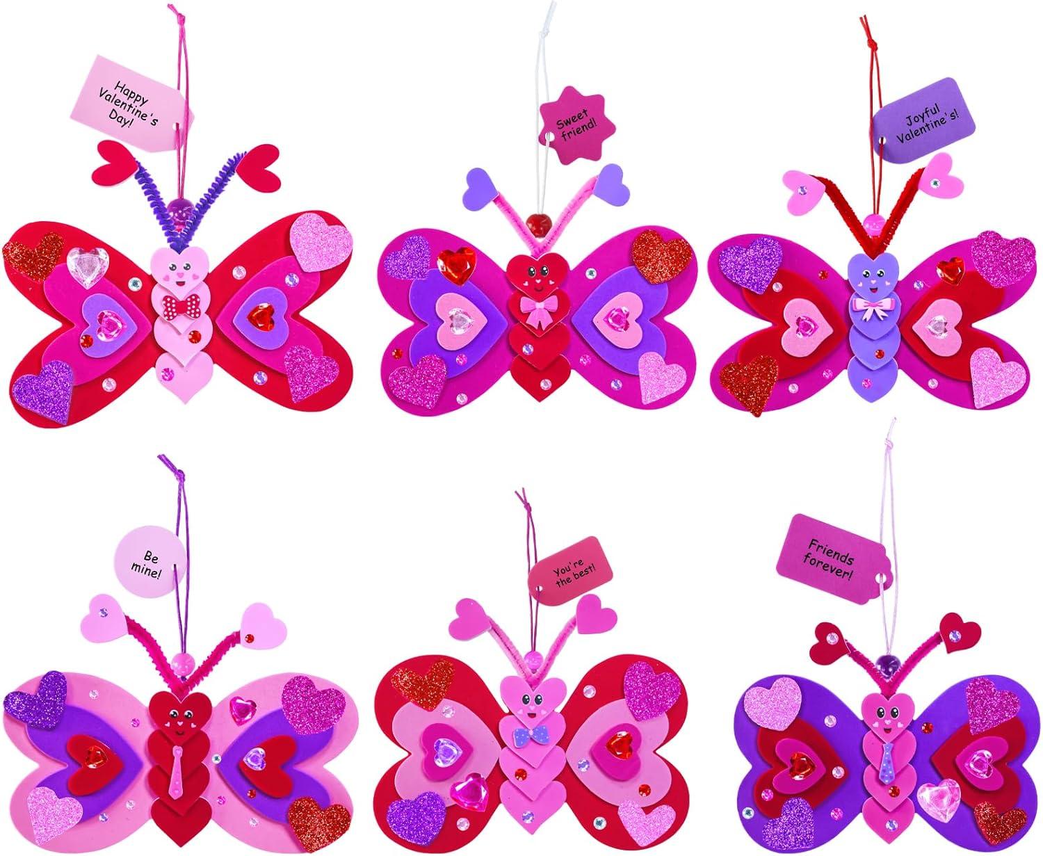 imageWinlyn 24 Sets Valentines Day Decorations DIY Heart Butterfly Ornaments Valentine Craft Kits Blank Foam Butterfly with Hearts Foam Stickers for Kids Classroom Activities Party Favors Gift Exchange