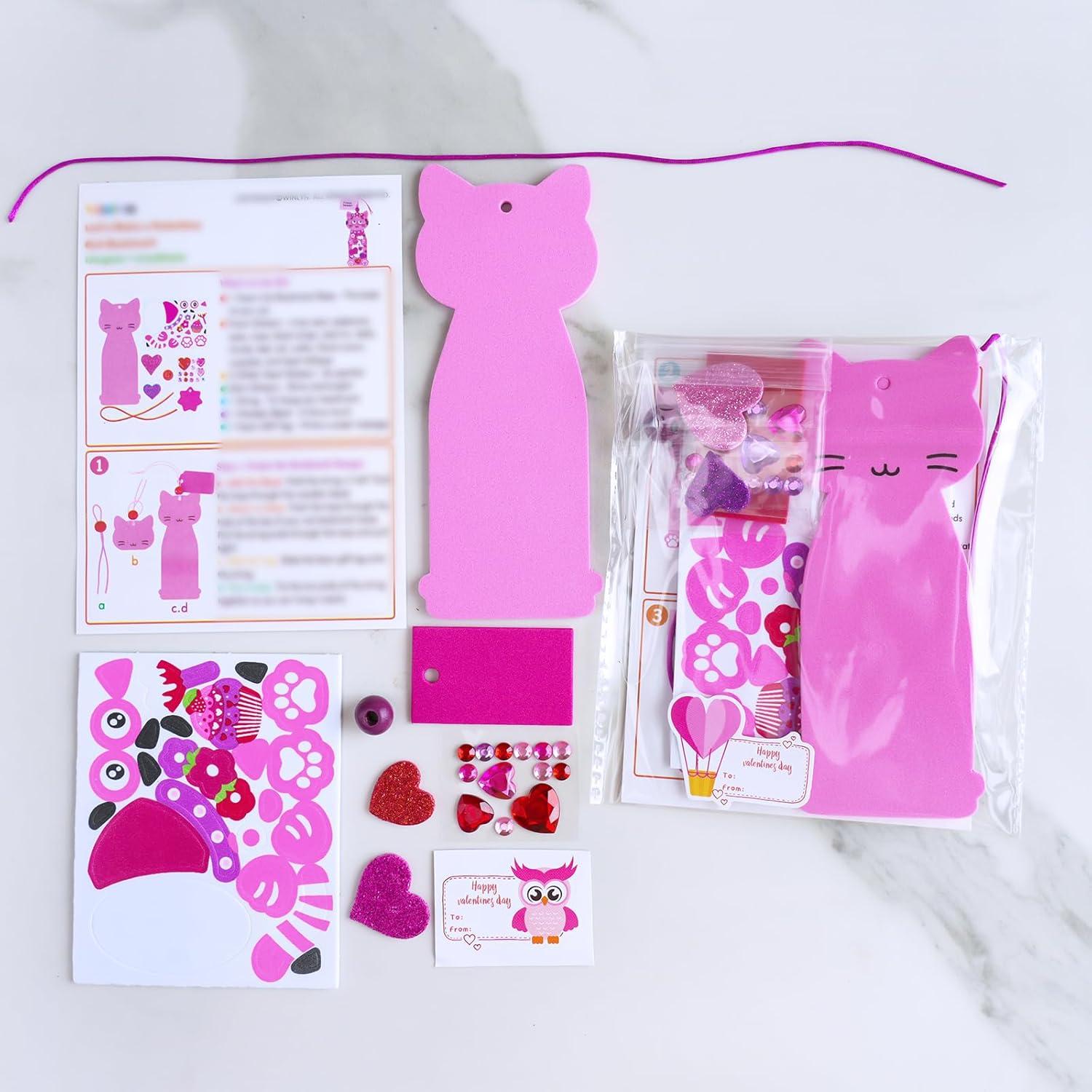 imageWinlyn 24 Sets Valentines Day Decorations DIY Heart Cat Ornament Bookmark Valentine Craft Kits Blank Foam Bookmark with Heart Foam Stickers for Kids Classroom Activities Party Favors Gift Exchange