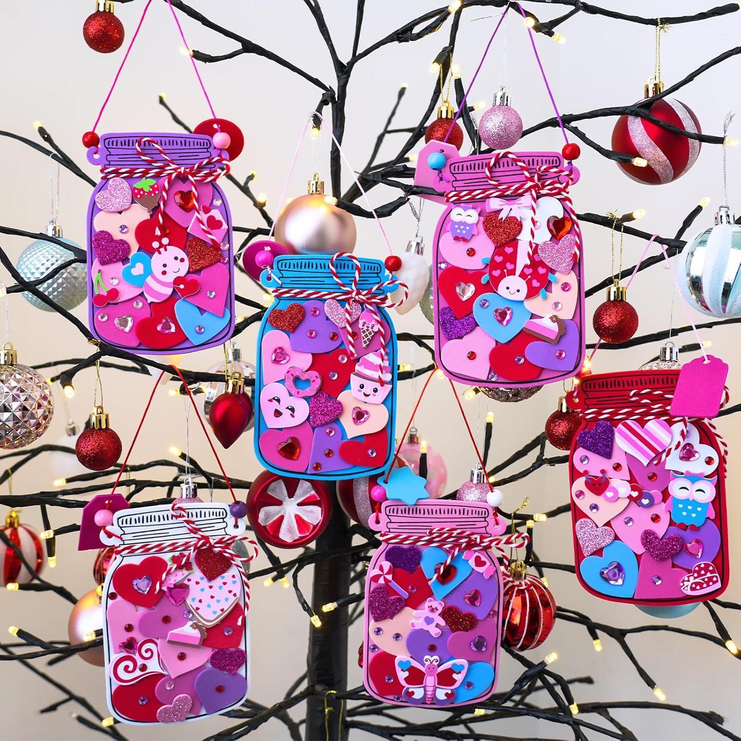 imageWinlyn 24 Sets Valentines Day Decorations DIY Heart Mason Jar Ornaments Valentine Craft Kits Blank Foam Mason Jar with Valentine Foam Stickers for Kids Classroom Activities Party Favors Gift Exchange