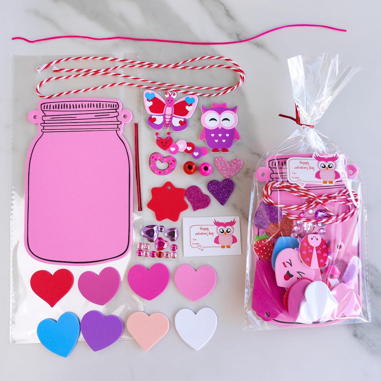 imageWinlyn 24 Sets Valentines Day Decorations DIY Heart Mason Jar Ornaments Valentine Craft Kits Blank Foam Mason Jar with Valentine Foam Stickers for Kids Classroom Activities Party Favors Gift Exchange