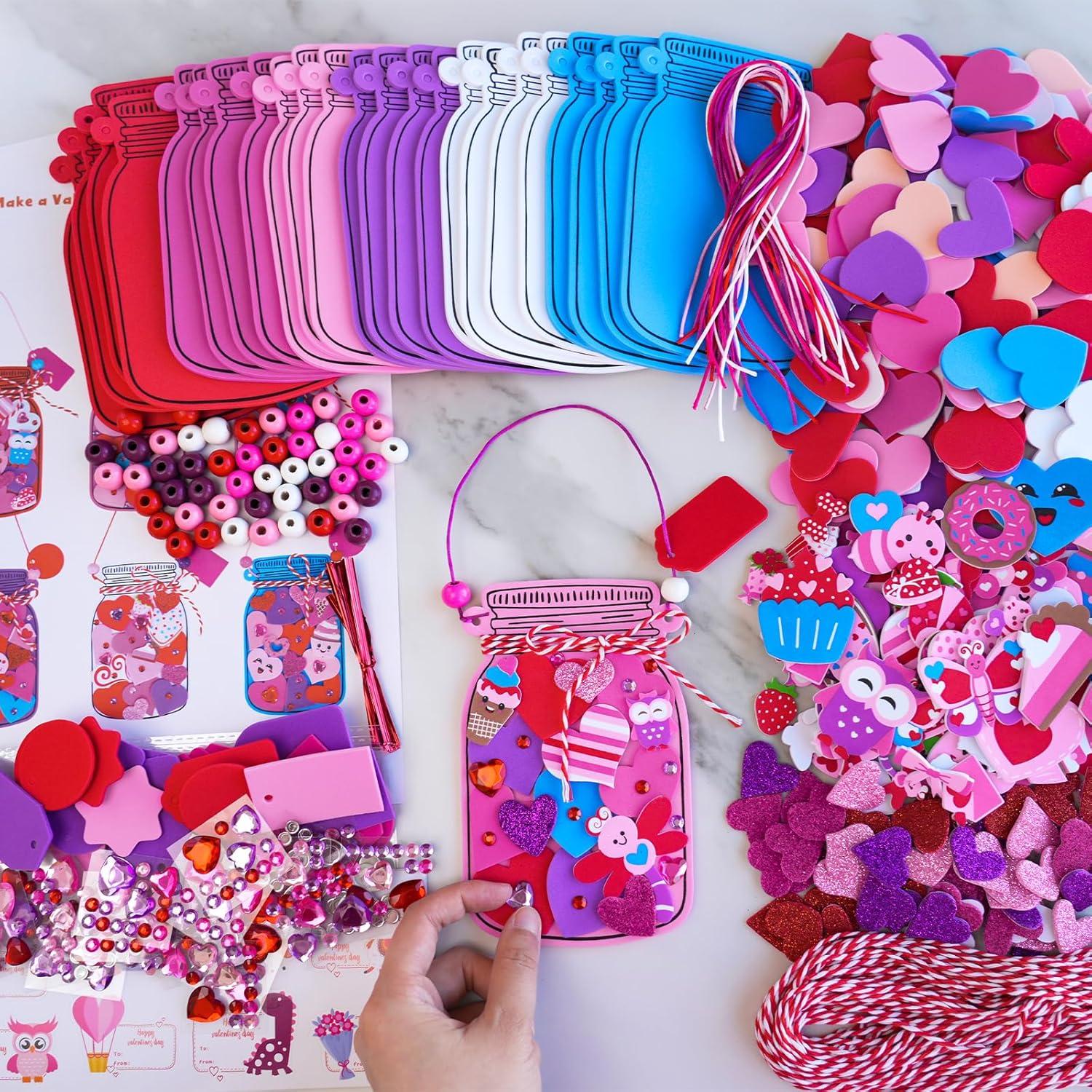 imageWinlyn 24 Sets Valentines Day Decorations DIY Heart Mason Jar Ornaments Valentine Craft Kits Blank Foam Mason Jar with Valentine Foam Stickers for Kids Classroom Activities Party Favors Gift Exchange