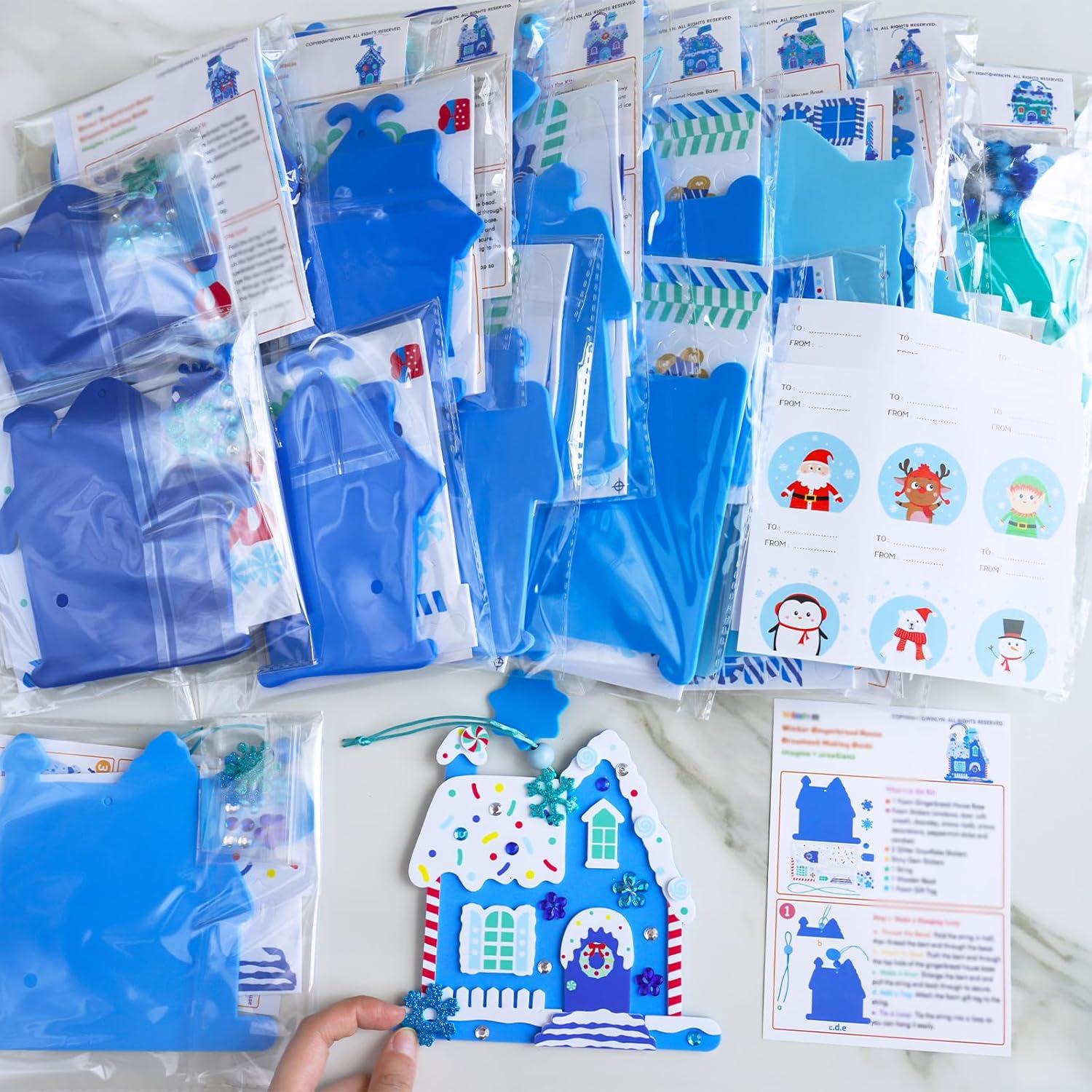 imageWinlyn 24 Sets Winter Decorations DIY 3D Gingerbread House Ornaments Christmas Crafts Kits Foam House with Snowflake Foam Stickers for Kids Holiday Seasonal Gift Home Classroom Activities Party Favors