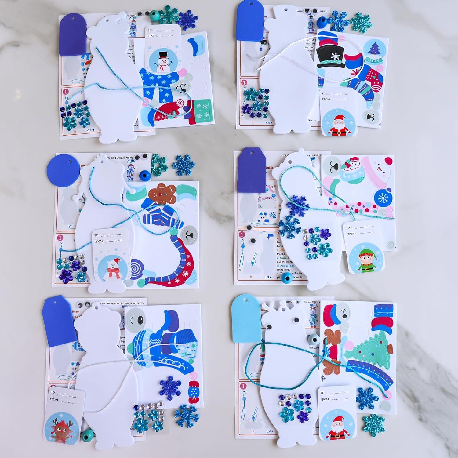 imageWinlyn 24 Sets Winter Decorations DIY Polar Bear Ornament Bookmark Christmas Craft Kits Foam Polar Bear Bookmark with Festive Snowflake Foam Stickers for Kids Holiday Classroom Activities Party Favors