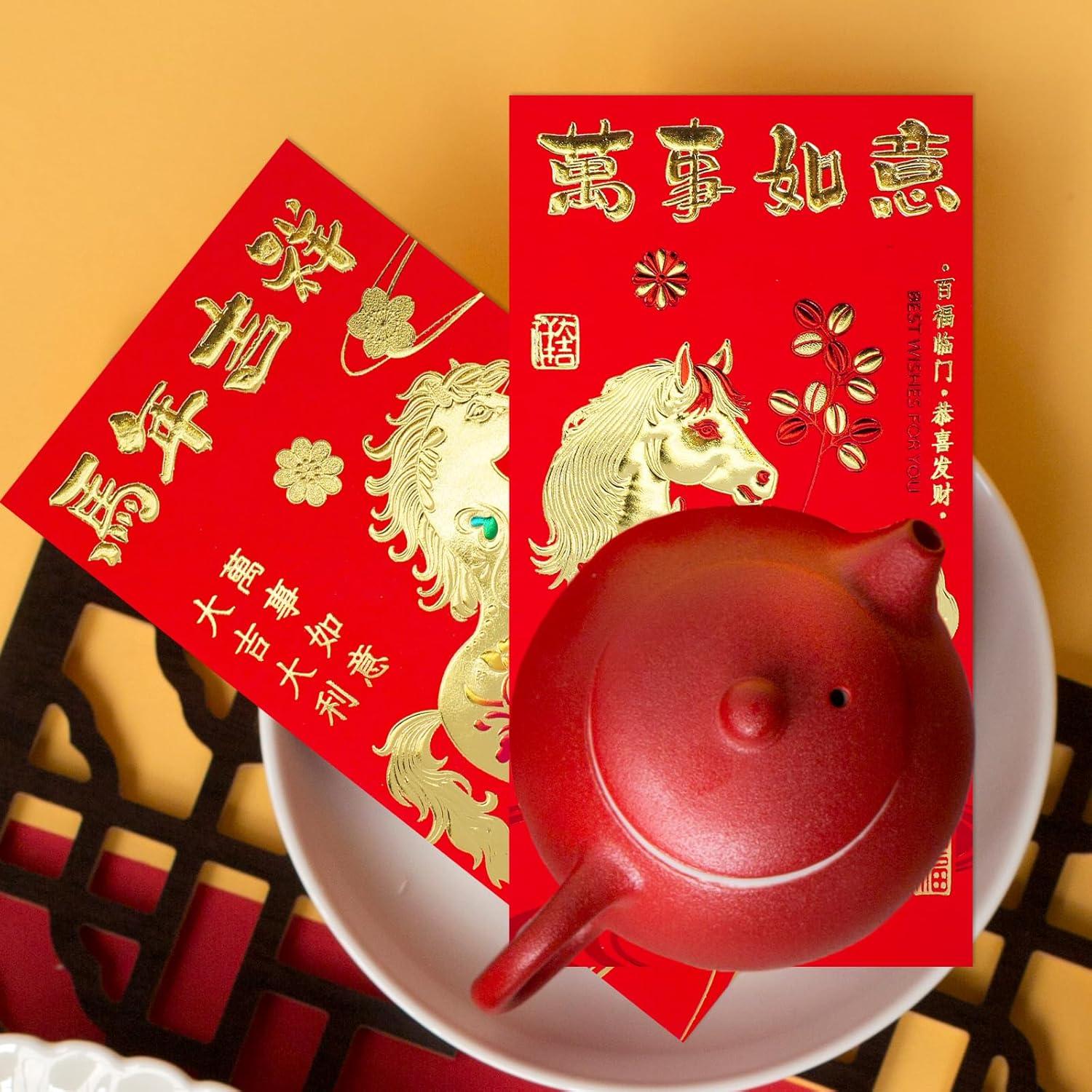 imageWinlyn 240 Pcs 12 Designs Chinese New Year Red Envelopes Bulk Lucky Money Pockets Hong Bao Lai See Red Packets Lucky Cash Envelopes for Asian Vietnamese Chinese Lunar New Year 2026 Year of the Horse