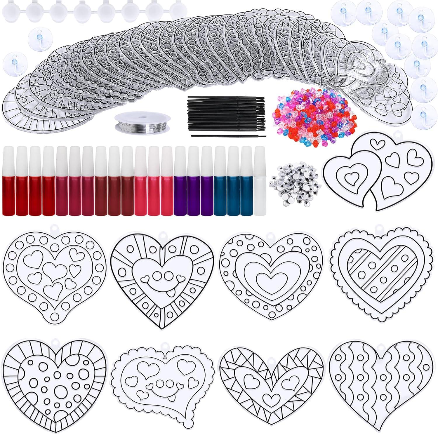 imageWinlyn 27 Sets Heart Suncatchers Ornaments Decoration DIY Window Paint Art Stickers Craft Kit Heart Sun Catchers for Kids Mothers Day Gift Valentines Day Classroom Art Project Party Favors