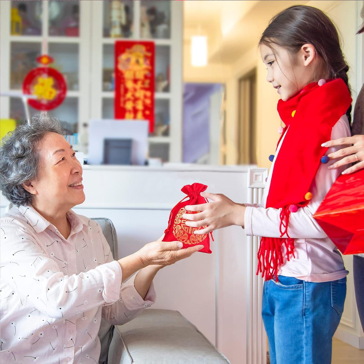 imageWinlyn 32 Pcs Chinese Lucky Bags Red Fu Good Luck Bags Decoration for Asian Vietnamese Tet Wealth Health Success Chinese Lunar New Year 2026 Year of the Horse Decor