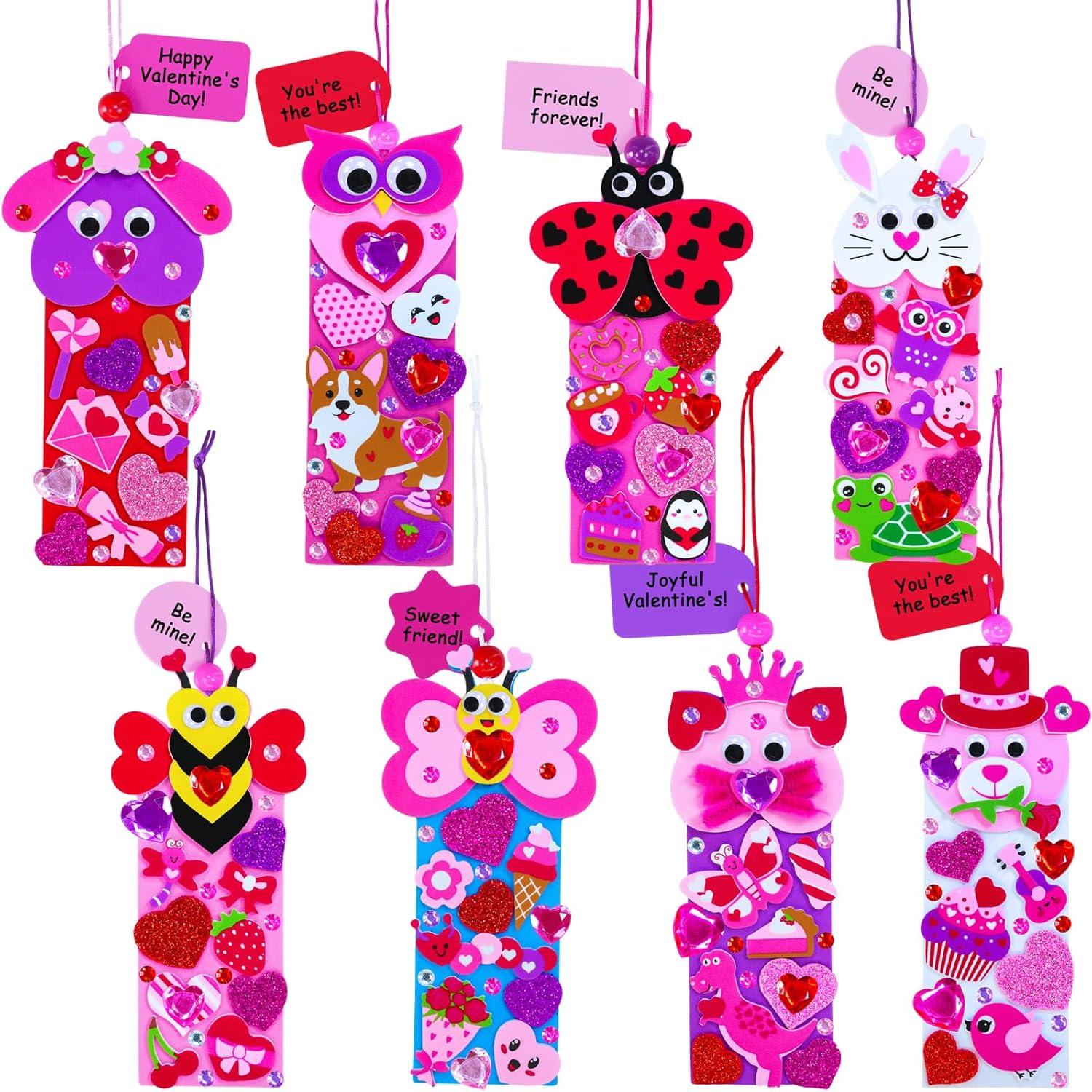 imageWinlyn 32 Sets Valentines Day Decorations DIY Heart Animal Bookmarks Valentine Craft Kits Blank Foam Bookmarks with Hearts Stickers for Kids Classroom Activities Reading Party Favors Gift Exchange