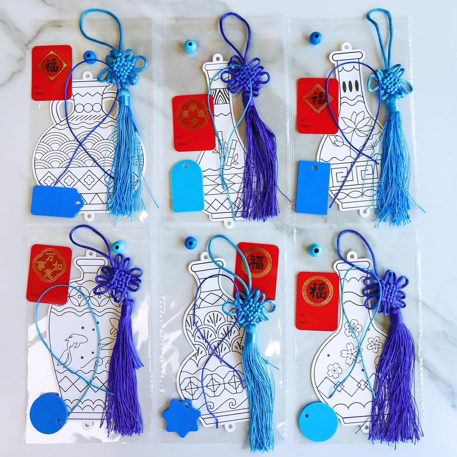 imageWinlyn 36 Sets Chinese New Year Decorations DIY Chinese Ming Vase Ornaments Craft Kits Paintable Paper Blue and White Ming Vase Crafts for Kids Asian Classroom Activities Art Project Party Favors