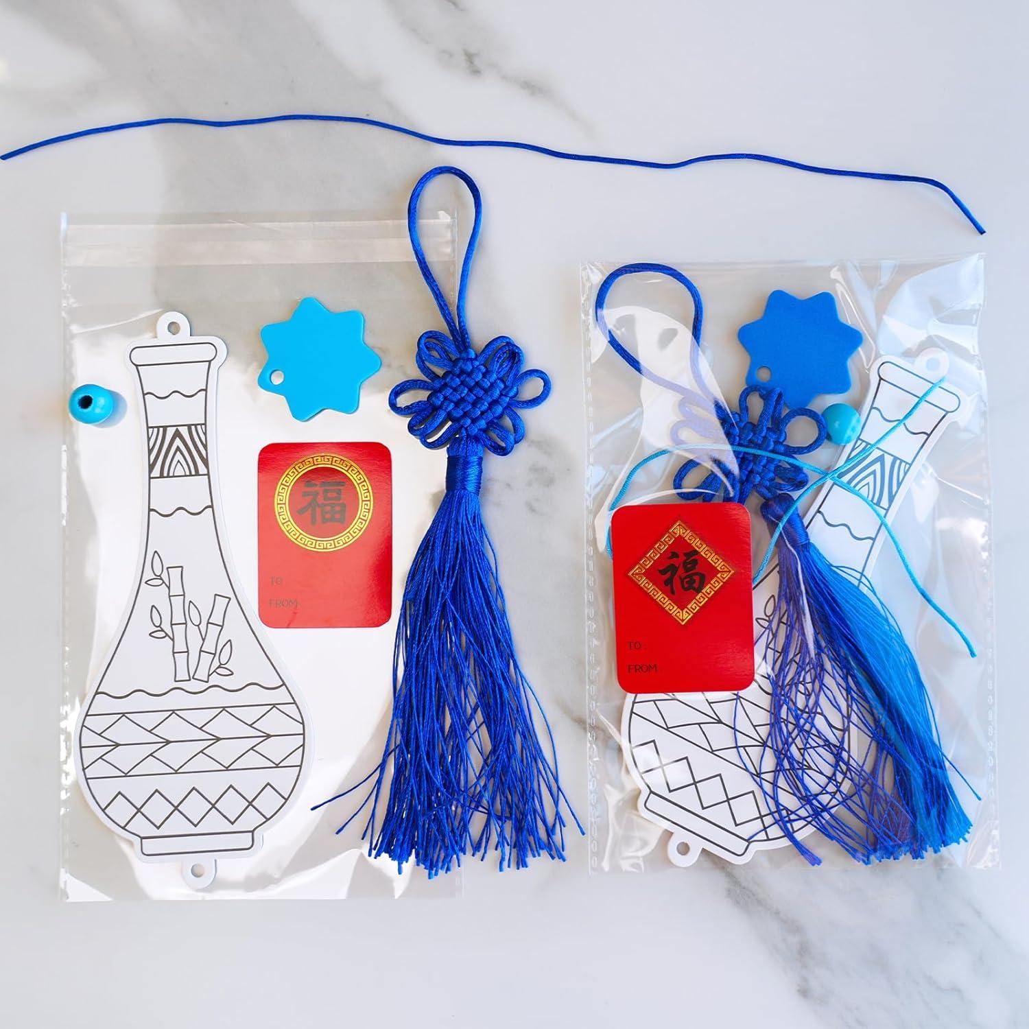 imageWinlyn 36 Sets Chinese New Year Decorations DIY Chinese Ming Vase Ornaments Craft Kits Paintable Paper Blue and White Ming Vase Crafts for Kids Asian Classroom Activities Art Project Party Favors