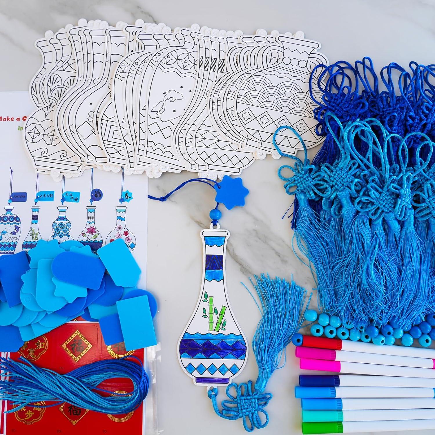 imageWinlyn 36 Sets Chinese New Year Decorations DIY Chinese Ming Vase Ornaments Craft Kits Paintable Paper Blue and White Ming Vase Crafts for Kids Asian Classroom Activities Art Project Party Favors