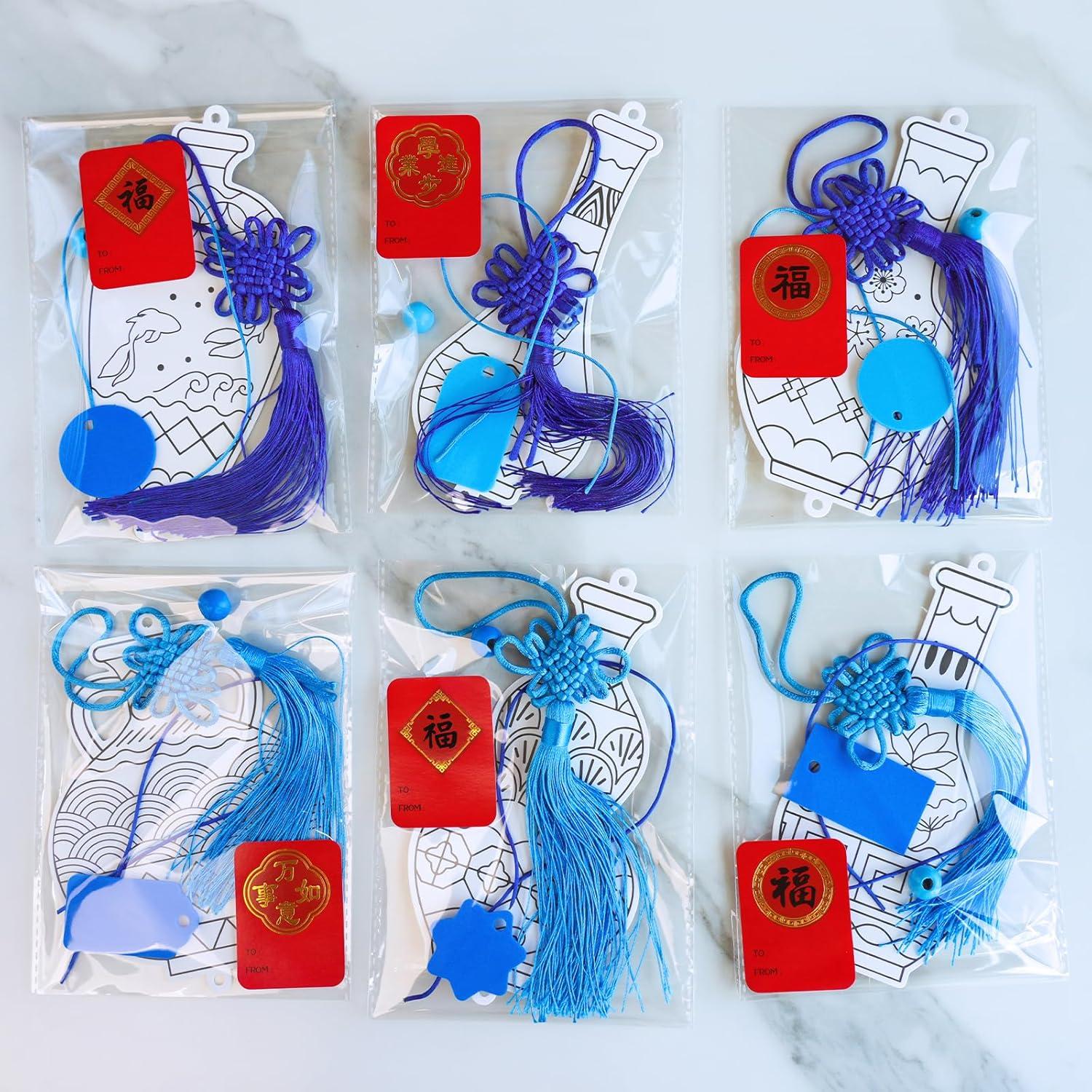 imageWinlyn 36 Sets Chinese New Year Decorations DIY Chinese Ming Vase Ornaments Craft Kits Paintable Paper Blue and White Ming Vase Crafts for Kids Asian Classroom Activities Art Project Party Favors