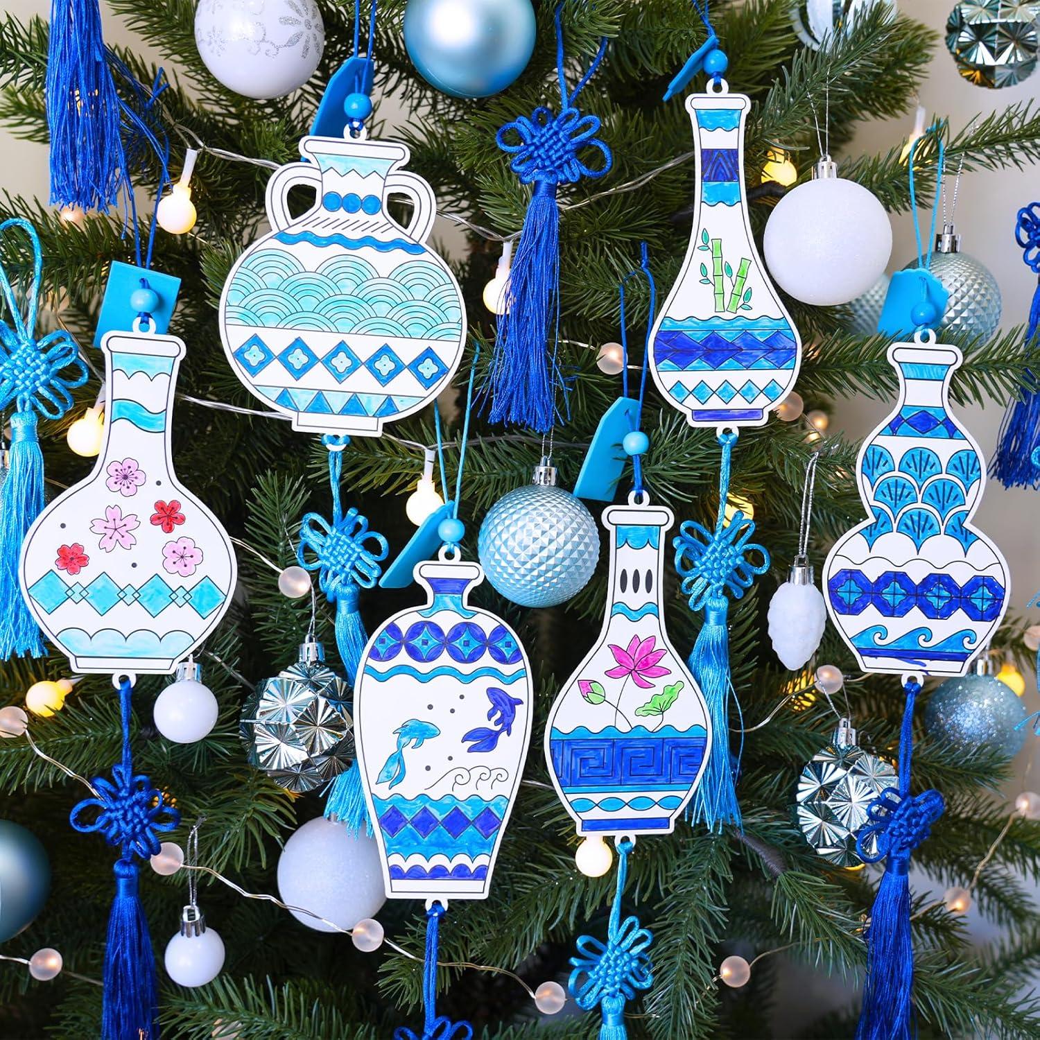 imageWinlyn 36 Sets Chinese New Year Decorations DIY Chinese Ming Vase Ornaments Craft Kits Paintable Paper Blue and White Ming Vase Crafts for Kids Asian Classroom Activities Art Project Party Favors