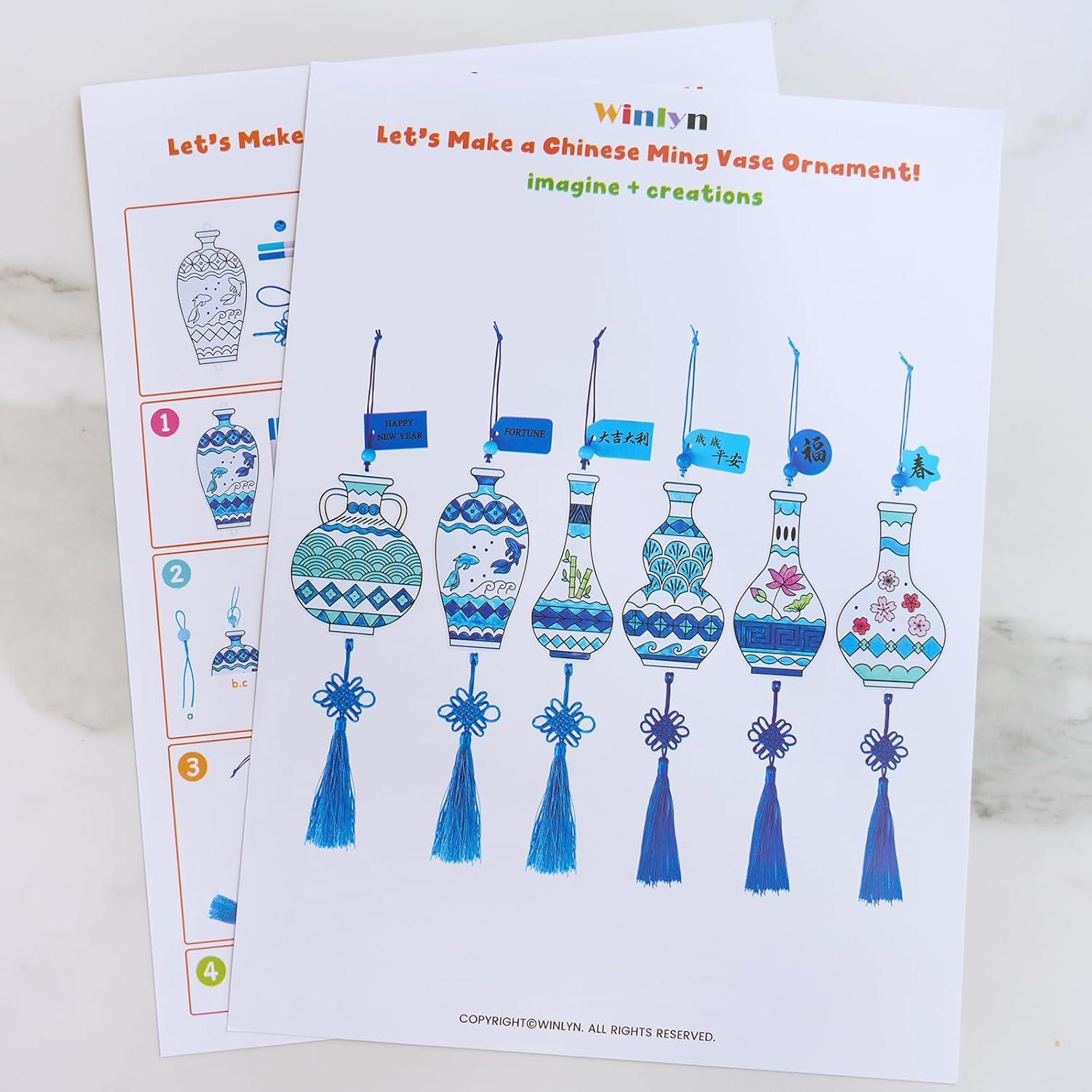 imageWinlyn 36 Sets Chinese New Year Decorations DIY Chinese Ming Vase Ornaments Craft Kits Paintable Paper Blue and White Ming Vase Crafts for Kids Asian Classroom Activities Art Project Party Favors