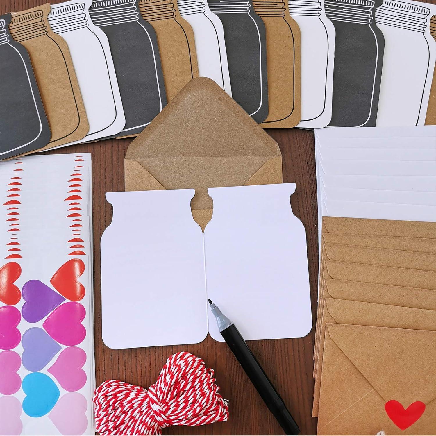 imageWinlyn 60 Sets DIY Paper Heart in Jar Cards and Envelopes Stickers 3 Styles of Blank Diecut Jar Cardstock Note Cards with Assorted Love Hearts Stickers for Mothers Day Valentines Day Greeting