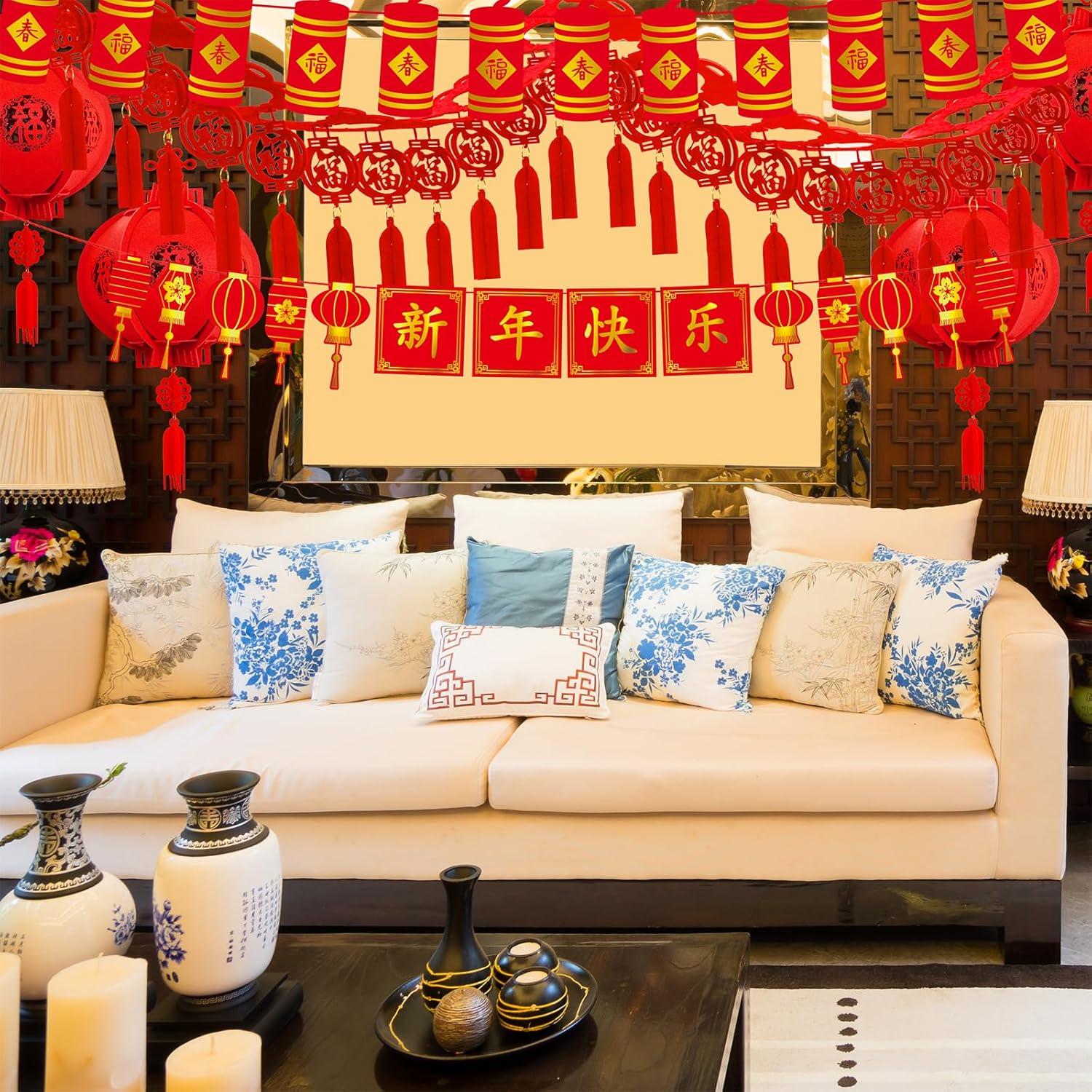 imageWinlyn 7 Set Chinese New Year Party Decorations Chinese Red Lanterns Lucky Garland Good Luck Garland Decorative Chinese Red Hanging Garlands for Asian Chinese Lunar New Year Spring Festival Dcor