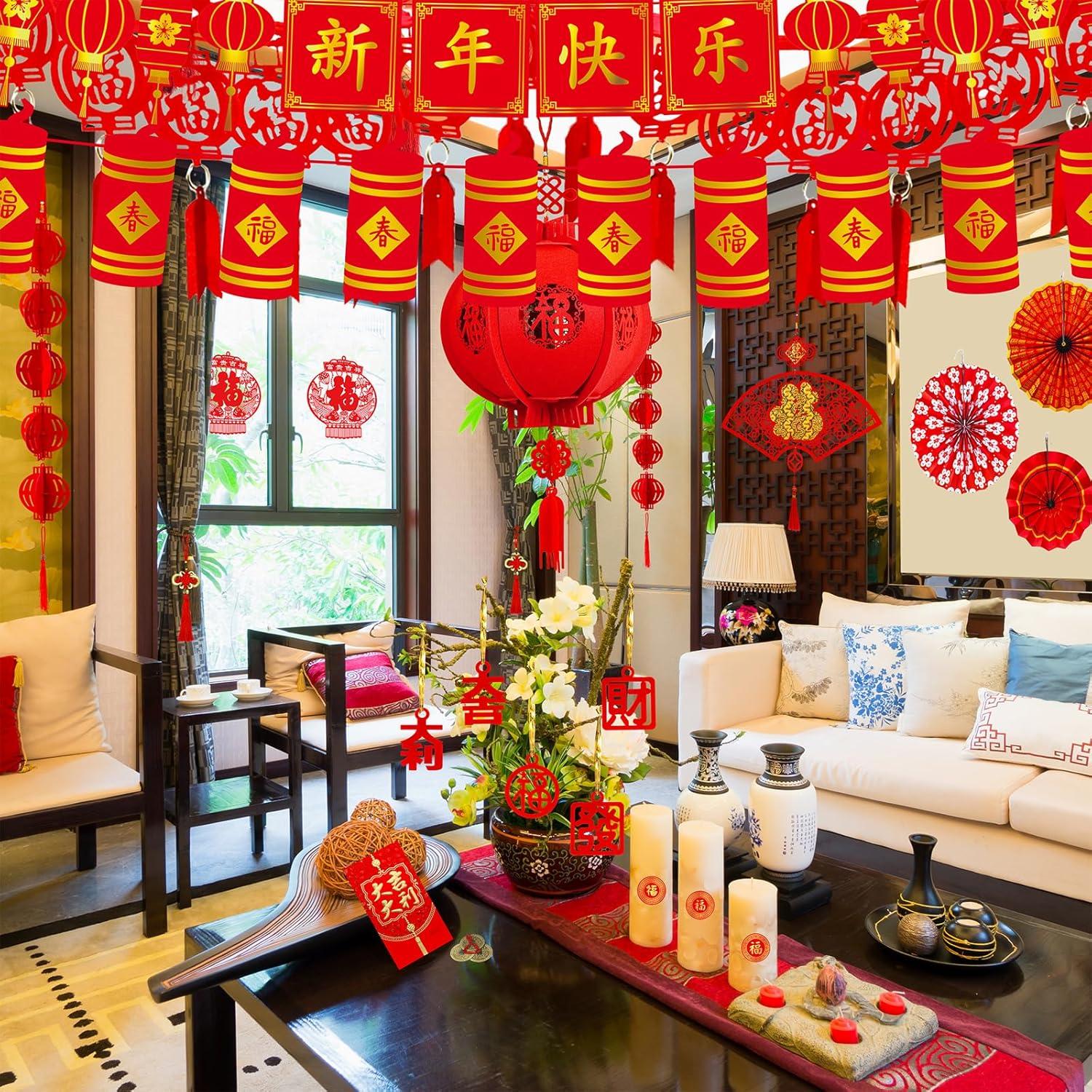 imageWinlyn Chinese New Year Party Decorations Red Lanterns Paper Fans Red Envelopes Hong Bao Coins Oriental Good Luck Garland Chinese Knot Tassel FU Paper Cutting for Asian Lunar New Year 2026 Decor