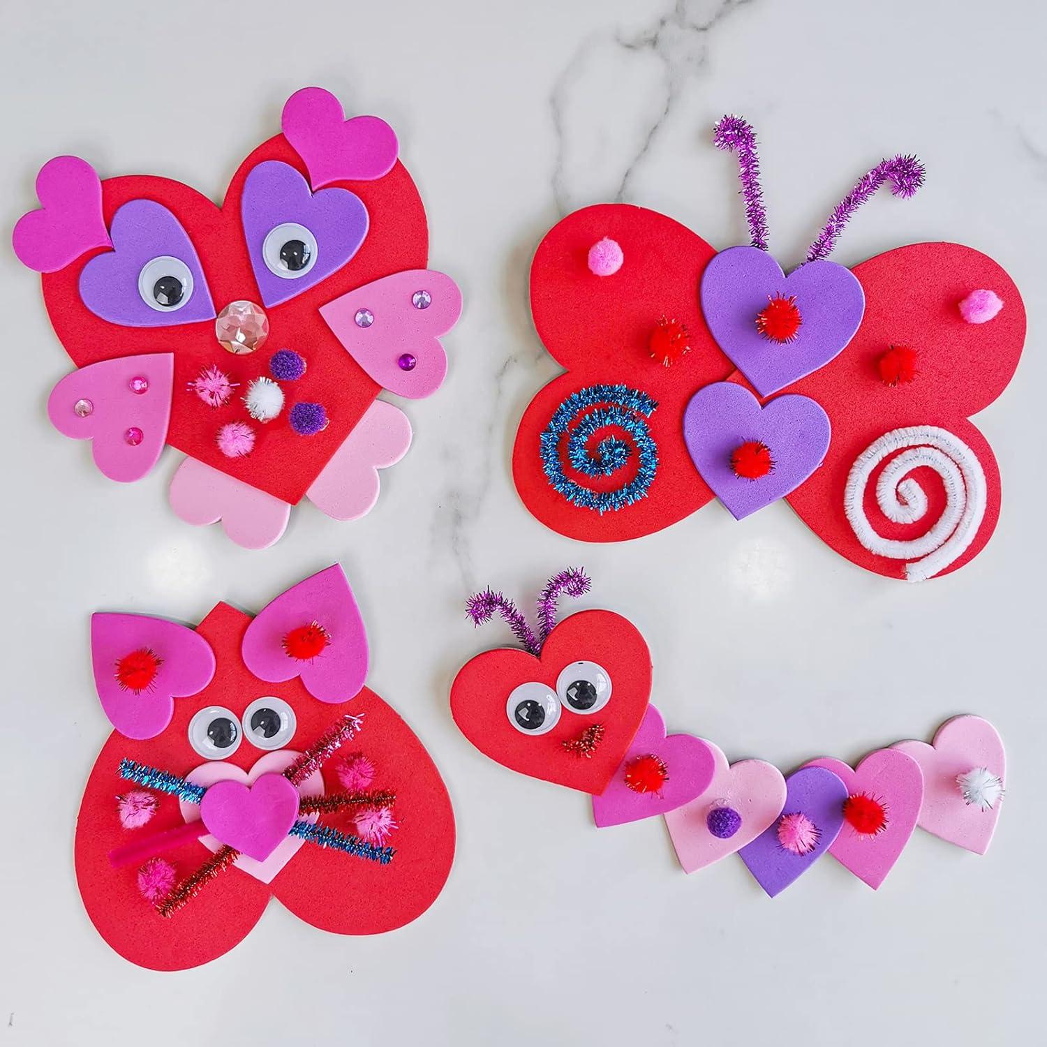 imageWinlyn Craft Kit 24 Sets Valentines Day Animal Ornaments DIY Heart Crafts Stickers Art Sets for Kids Party Classroom Activities Gift Exchange