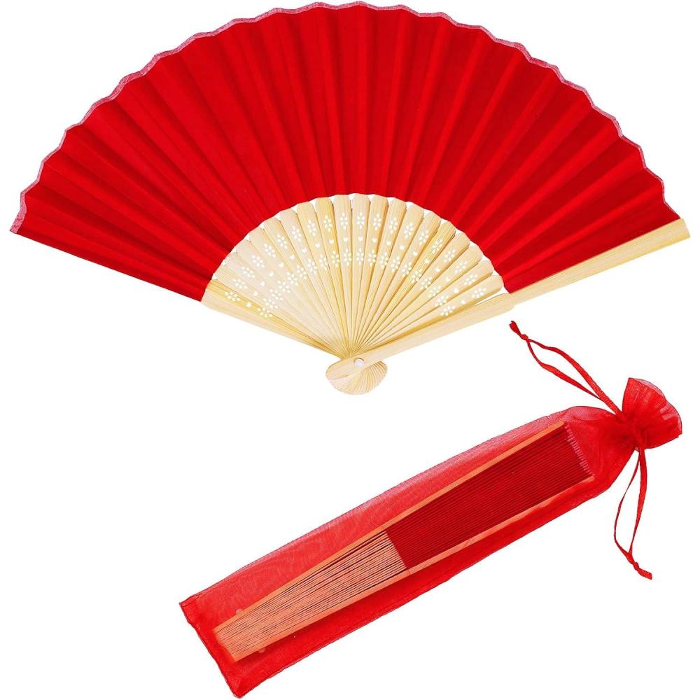 imageWinlyn 12 Sets Red Silk Hand Fans Chinese Handheld Silk Fans Bamboo Folding Fans Oriental Hand Fans with Bags for Asian Chinese Lunar New Year Party Favors Gift Dance Wedding Festival Holiday Decor