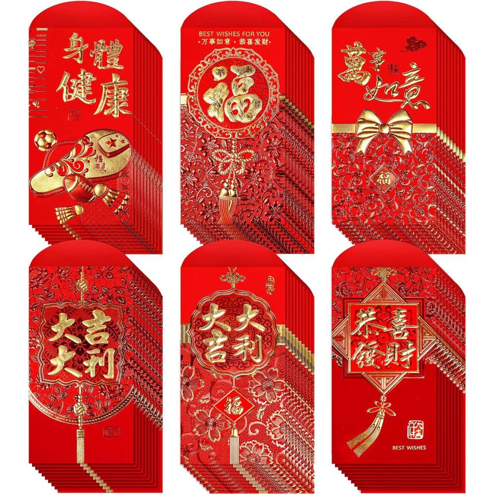imageWinlyn 120 Pcs 6 Designs Asian Red Envelopes Chinese Hong Bao Lucky Money Envelopes Red Packets Lai See Cash Envelopes Pockets for 2026 Chinese Lunar New Year Birthday Wedding Year of the HorseStyle7