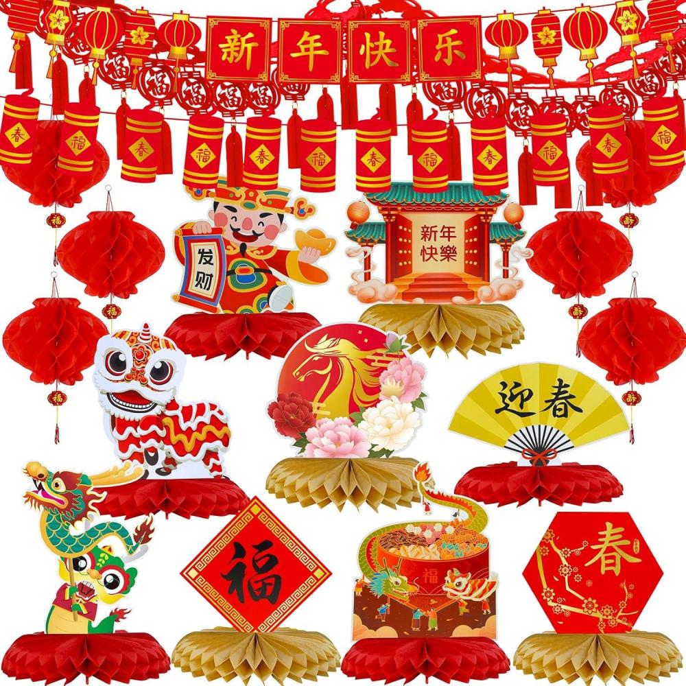 imageWinlyn 18 Pcs Chinese Lunar New Year Party Decorations Good Luck Honeycomb Centerpieces Hanging Red Lanterns Lucky Garland New Year Banner for Asian Vietnamese Tet Festival Wedding Horse Year 2026