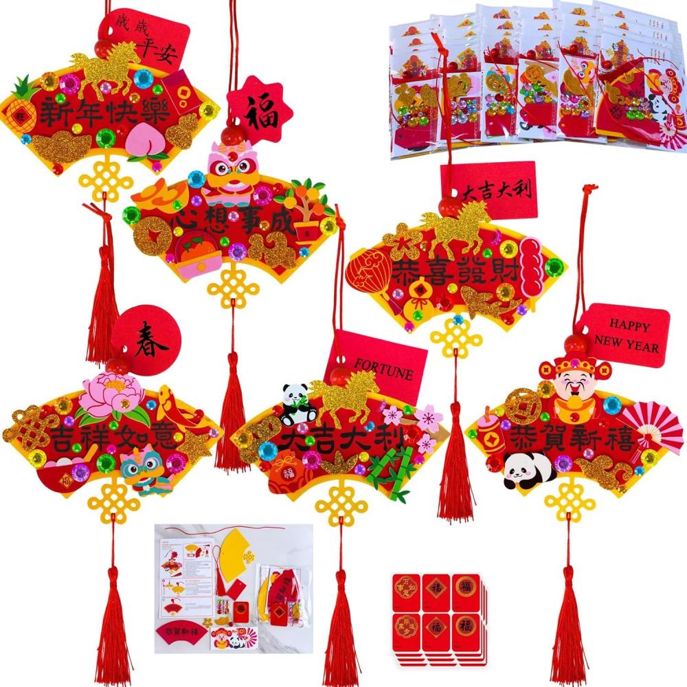 imageWinlyn 24 Sets Chinese New Year Decorations DIY FanShaped Good Luck Knot Tassel Ornaments Craft Kits Foam Stickers Arts and Crafts for Kids Oriental Classroom Activities Party Favors Gift Exchange