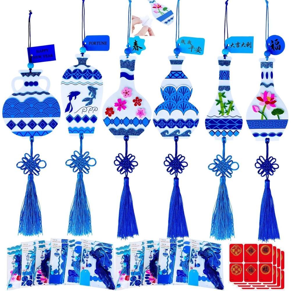 imageWinlyn 24 Sets Chinese New Year Decorations DIY Ming Vase Ornaments Craft Kits Blank Foam Vases with Blue and White Chinese Stickers for Kids Asian Classroom Activities Party Favors Gift Exchange