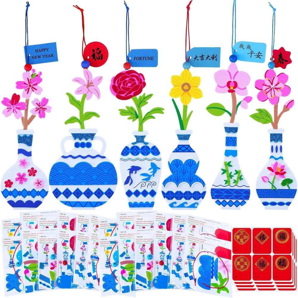 imageWinlyn 24 Sets Chinese New Year Decorations DIY Ming Vase with Flower Ornaments Craft Kits Peony Orchid Peach Flower Foam Stickers Arts and Crafts for Kids Oriental Classroom Activities Party Favors