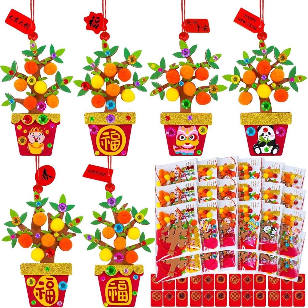 imageWinlyn 24 Sets Chinese New Year Decorations DIY Potted Orange Tree Money Tree Ornaments Craft Kits Foam Stickers Arts Crafts for Kids 2026 Horse Year Classroom Activities Party Favors Gift Exchange