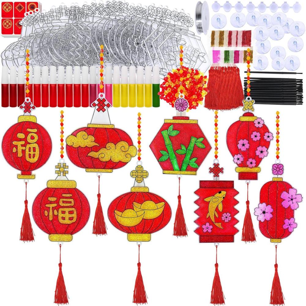 imageWinlyn 24 Sets Chinese New Year Lantern Suncatcher Ornaments Decorations DIY Window Paint Art Craft Kits Red Lantern Painting Kits for Kids Classroom Activities Lunar New Year Art Project Party Favors