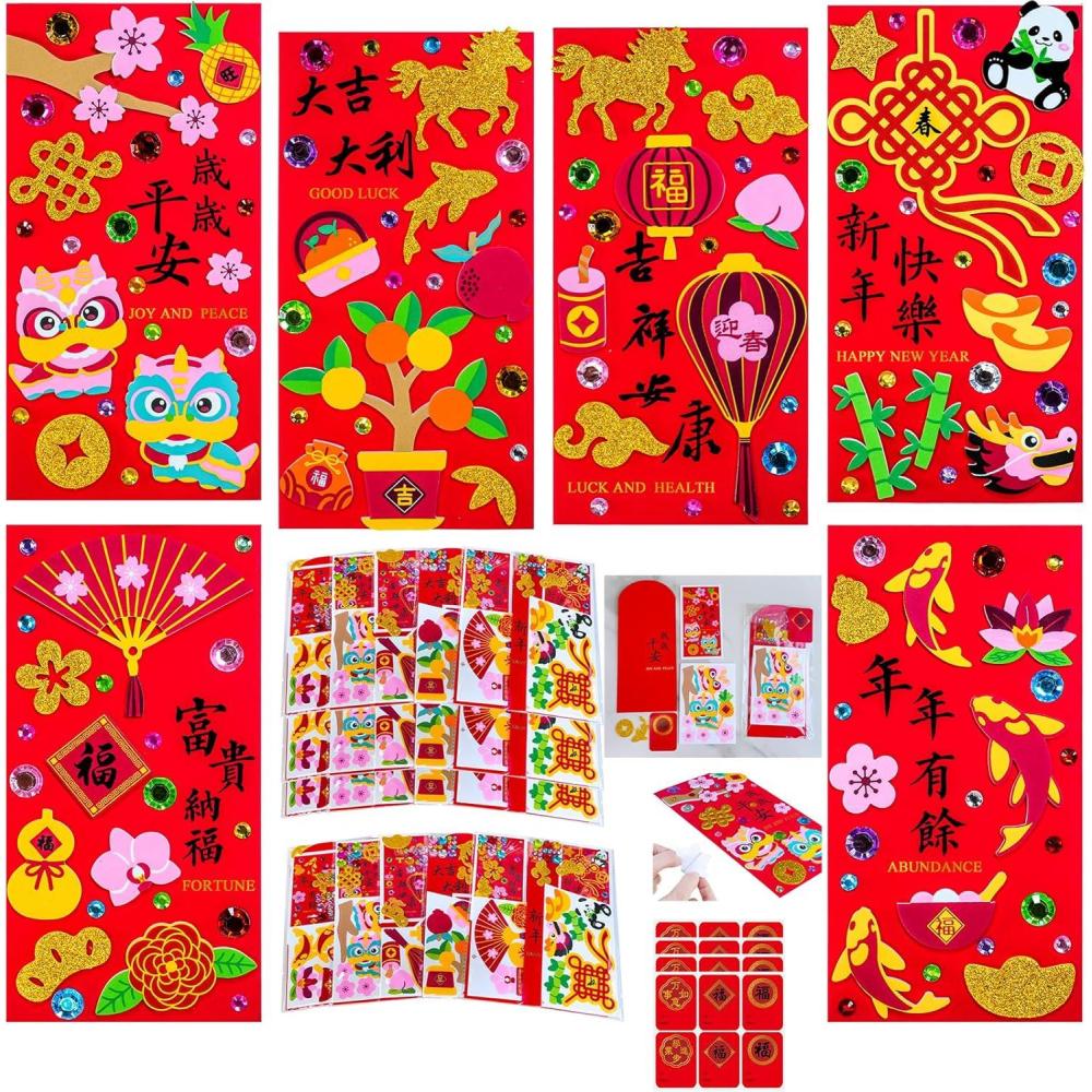 imageWinlyn 24 Sets Chinese New Year Red Envelopes Craft Kits DIY Lucky Hong Bao Cash Envelopes Crafts Lunar New Year Foam Stickers for Kids Asian 2026 Year of The Horse Classroom Activities Party Favors
