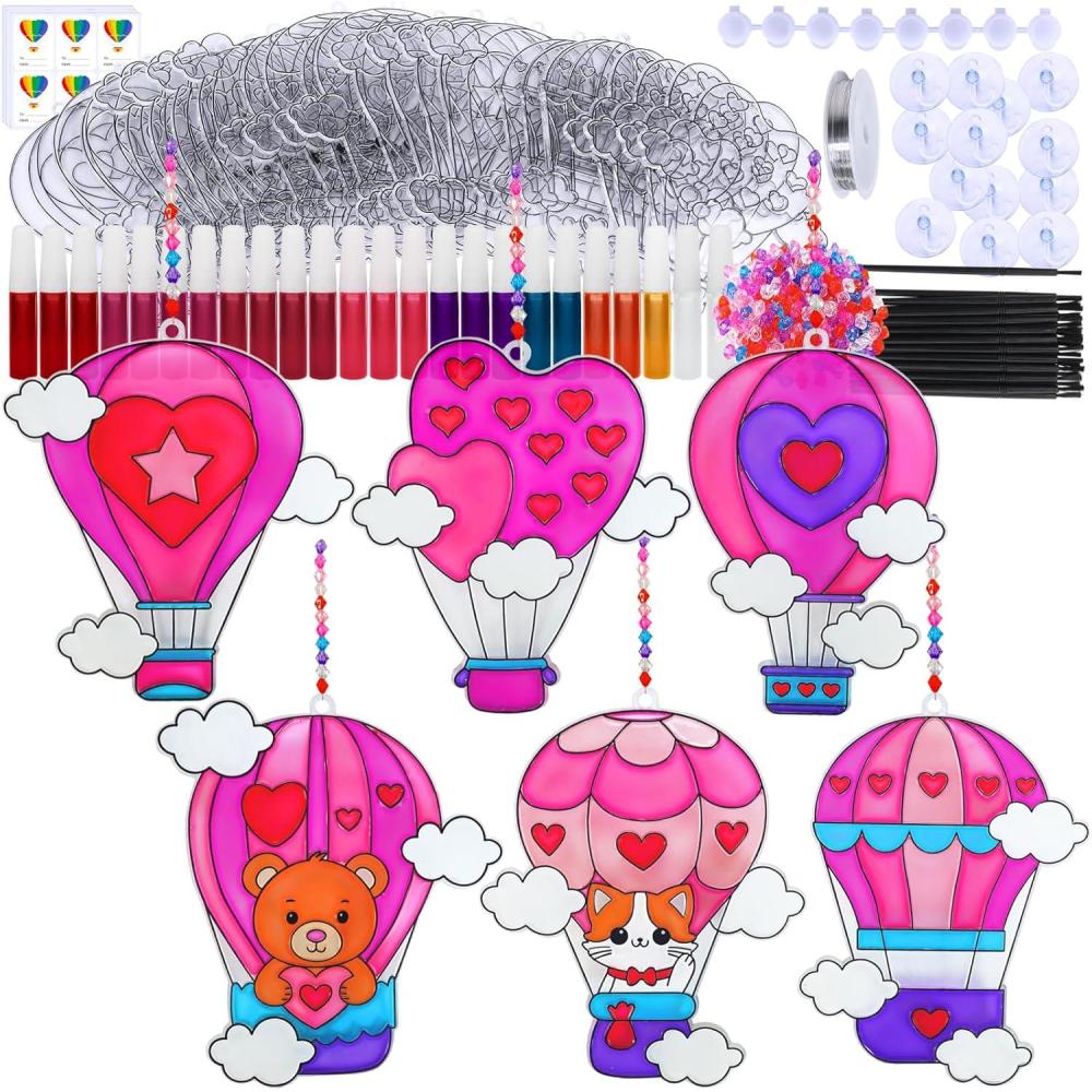 imageWinlyn 24 Sets Heart Hot Air Balloon Suncatchers Ornaments Decorations DIY Window Paint Art Craft Kits Sun Catcher Painting Kit for Kids Valentines Day Classroom Activities Party Favors Gift Exchange