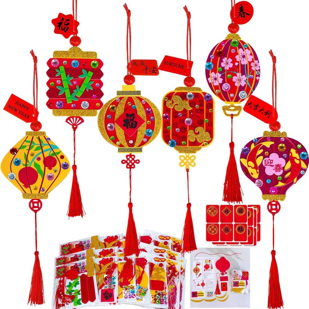 imageWinlyn 24 Sets Lunar New Year Decorations DIY Chinese Lantern Ornaments Craft Kits Blank Foam Lantern with Good Luck Stickers for Kids Asian Oriental Classroom Activities Party Favors Gift Exchange