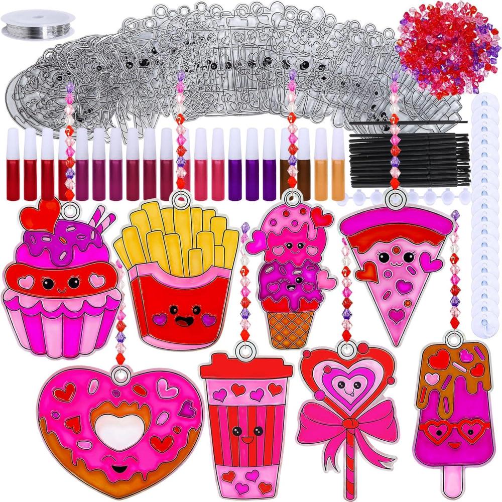 imageWinlyn 24 Sets Valentine Suncatchers Ornaments Decorations DIY Window Paint Art Stickers Craft Kit Valentines Day Heart Treats Sun Catchers for Kids Classroom Activities Party Favors Gift Exchange